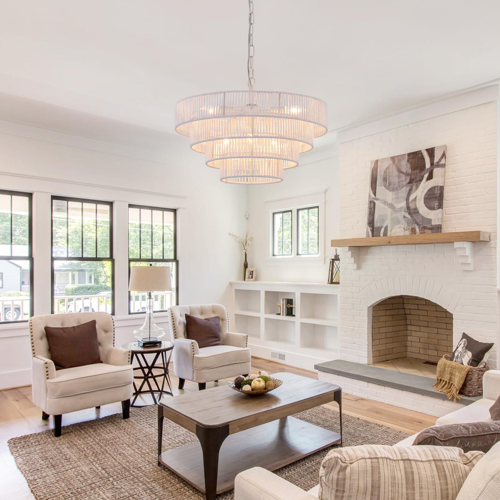 Elyccupa 6-Lights 20&quot; Hand-Woven Rattan Pendant Light Coastal 4 Round Transitional Minimalist Boho Large Pendant Light, For Kitchen Island Dining Room Living Room Hallway, White, Ul Listed