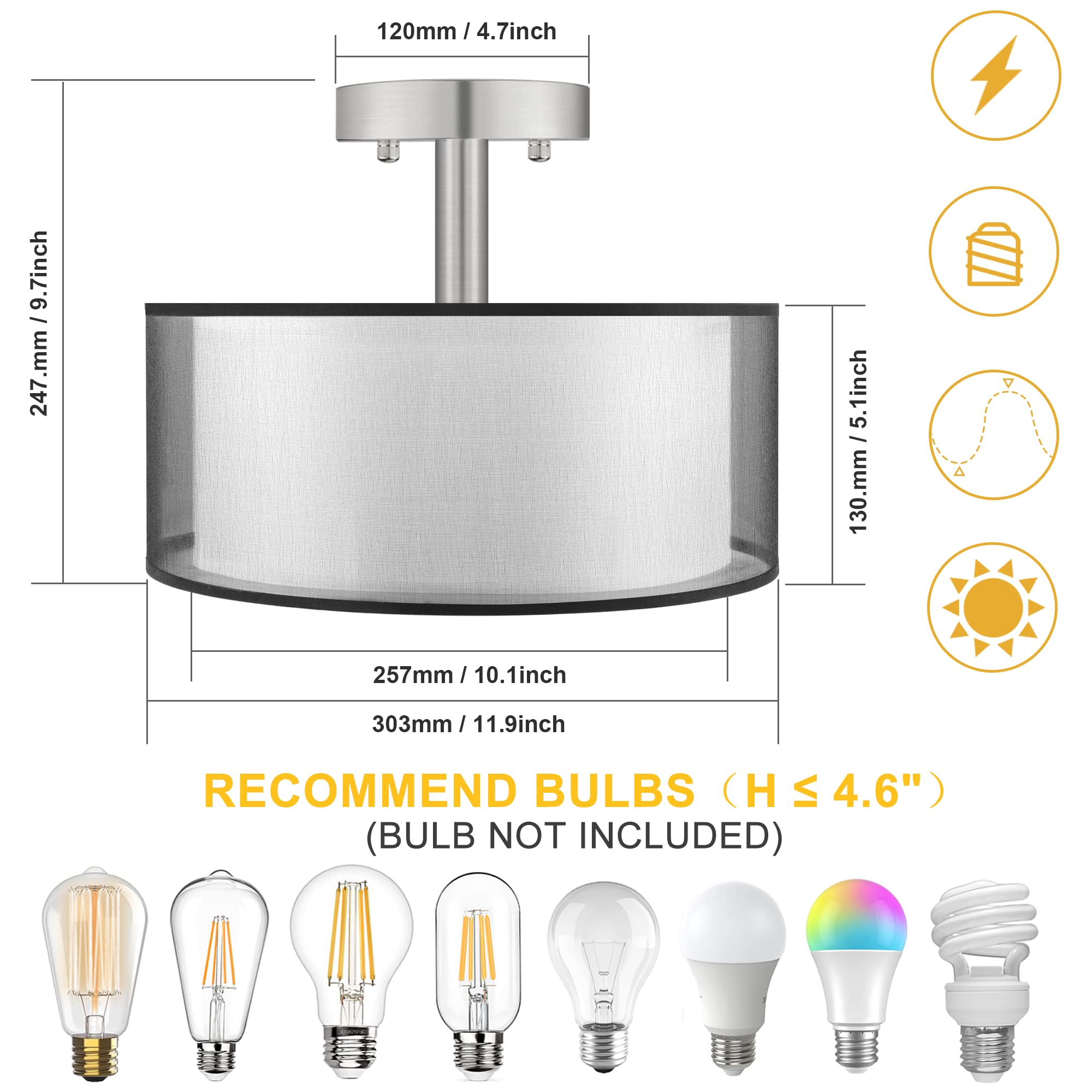 Folksmate Semi Flush Mount Ceiling Light Fixture, 3-Light Drum Light With Double Fabric Shade, Modern Black Close To Ceiling Lig