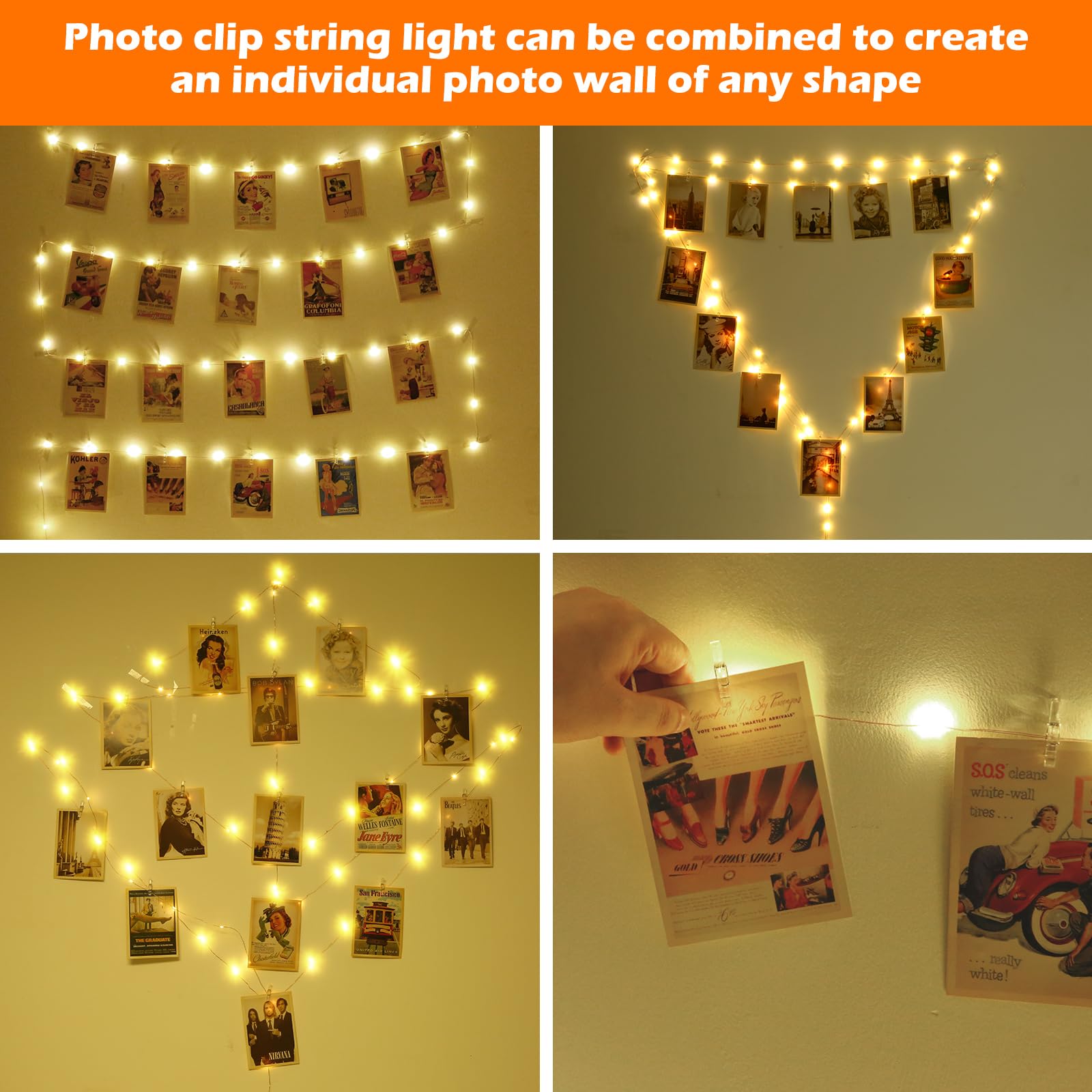 Bryubr 120 Led Photo Clips String Light With Remote, 40Ft Fairy Lights With 52 Clear Picture Clips, Timer & 8 Modes Usb Powered Copper Wire Lights For Dorm, Bedroom, Christmas, Party (Warm White)