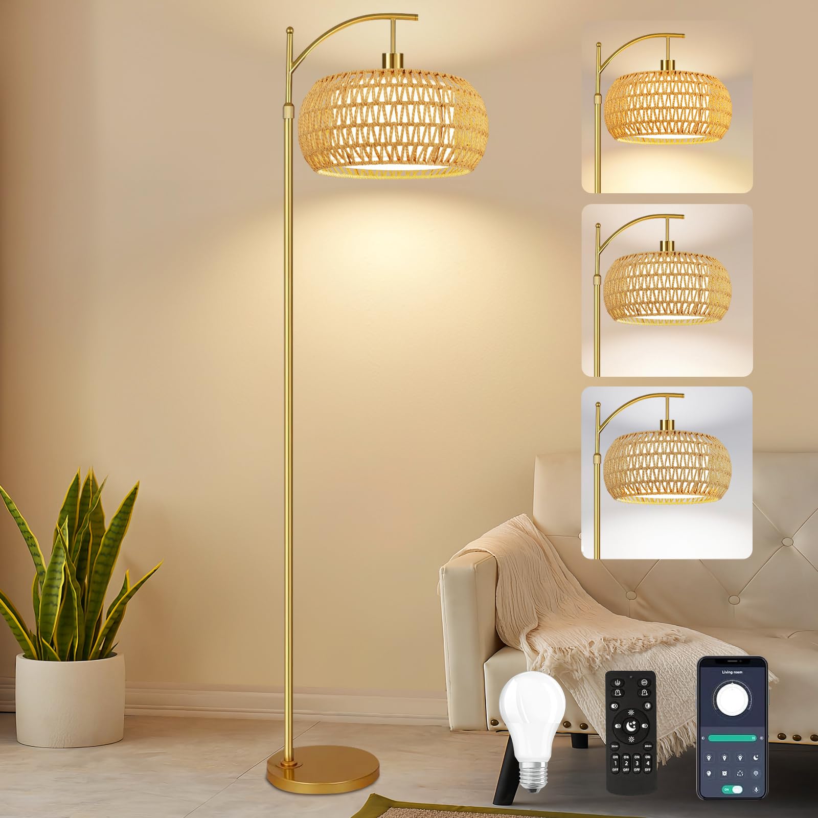 ZECOXOL Gold Floor Lamp, Dimmable Arc Design, Rattan Shade, 12.28 inch, Remote Control, Model 001, Boho Style for Living Room or Bedroom