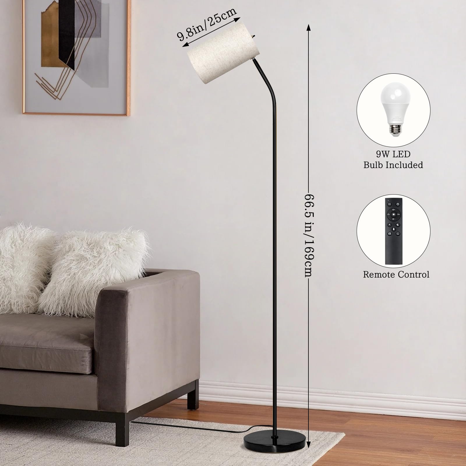 Ldeco Black Floor Lamp for Living Room with Remote,Dimmable Floor Lamp with Remote Control 9W LED Bulb Included,Tall Stand Readi