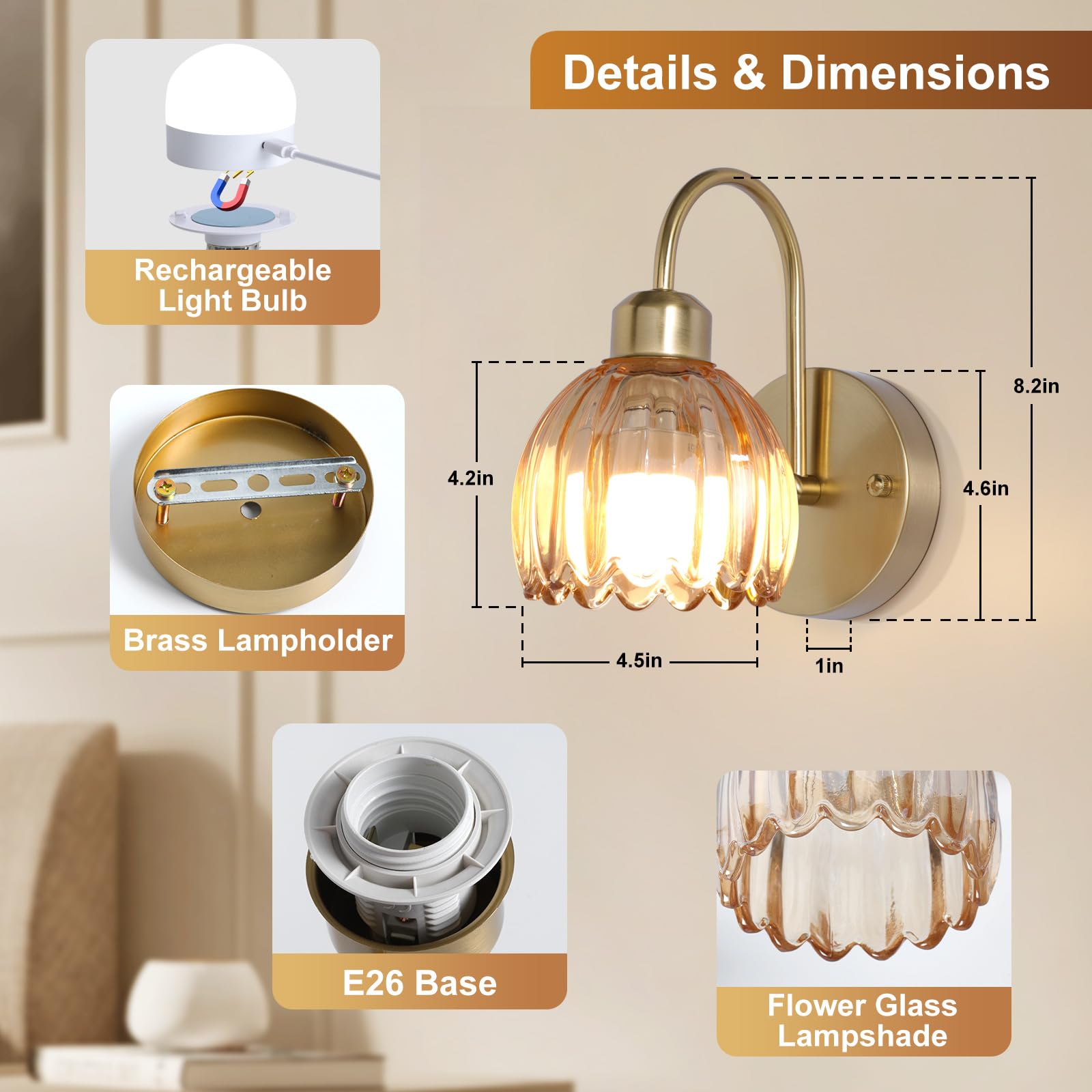 HMLUESR Vintage Battery Operated Wall Sconces Set of Two, Tulip Glass Lampshade Wireless Rechargeable Wall Lights,Gold Wall Lamp
