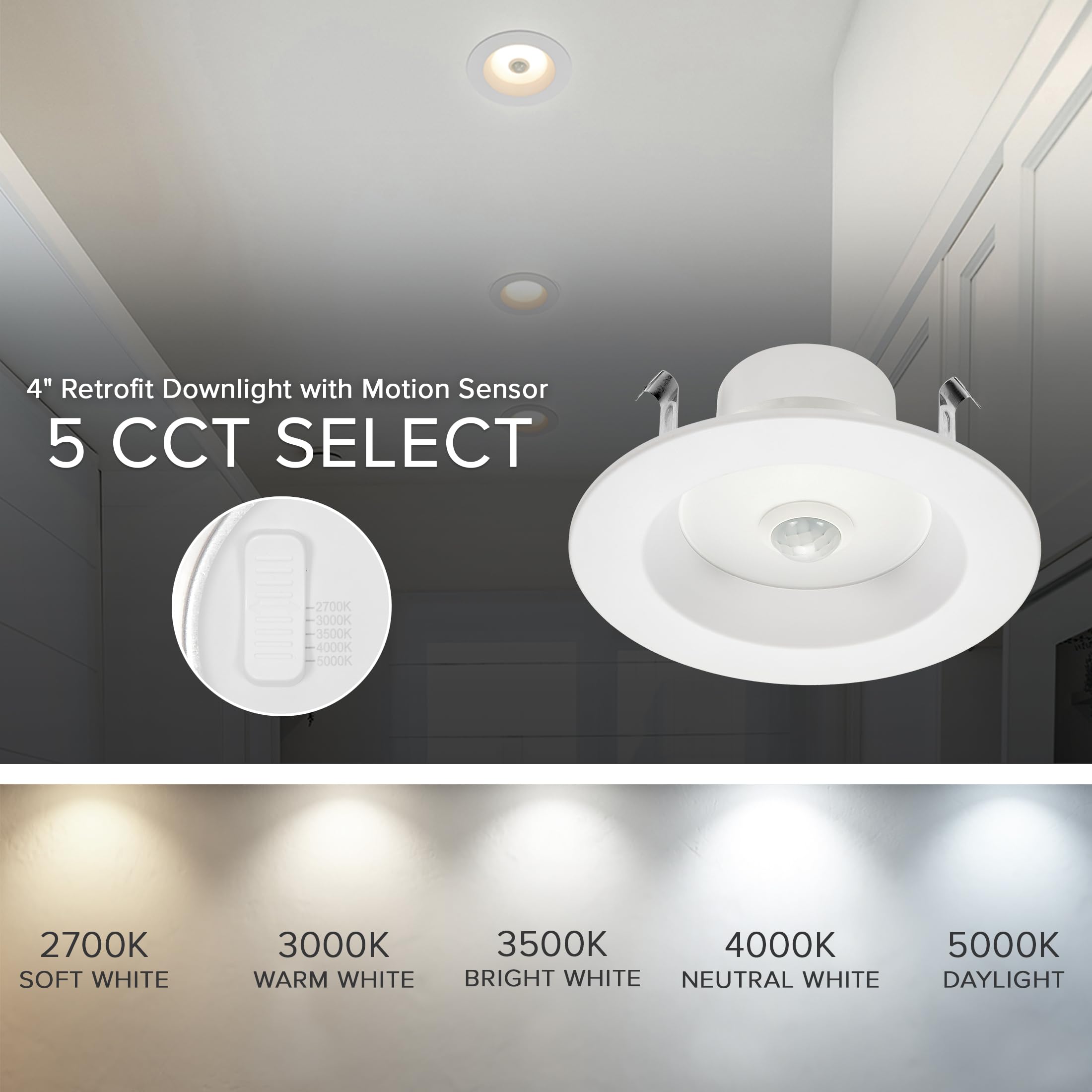 Maxxima 4 In. Retrofit Led Pir Motion Sensor Downlight - 1000 Lumens, 9 Watts, 5 Cct 2700K/3000K/3500K/4000K/5000K, Energy Effic