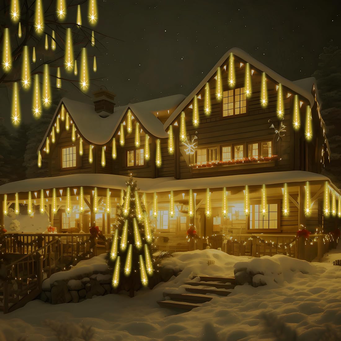 Adecorty Christmas Lights Outdoor, Ul Certified Falling Rain Drop Light 8 Tubes 192 Led Meteor Shower Lights Snow Dripping Icicl
