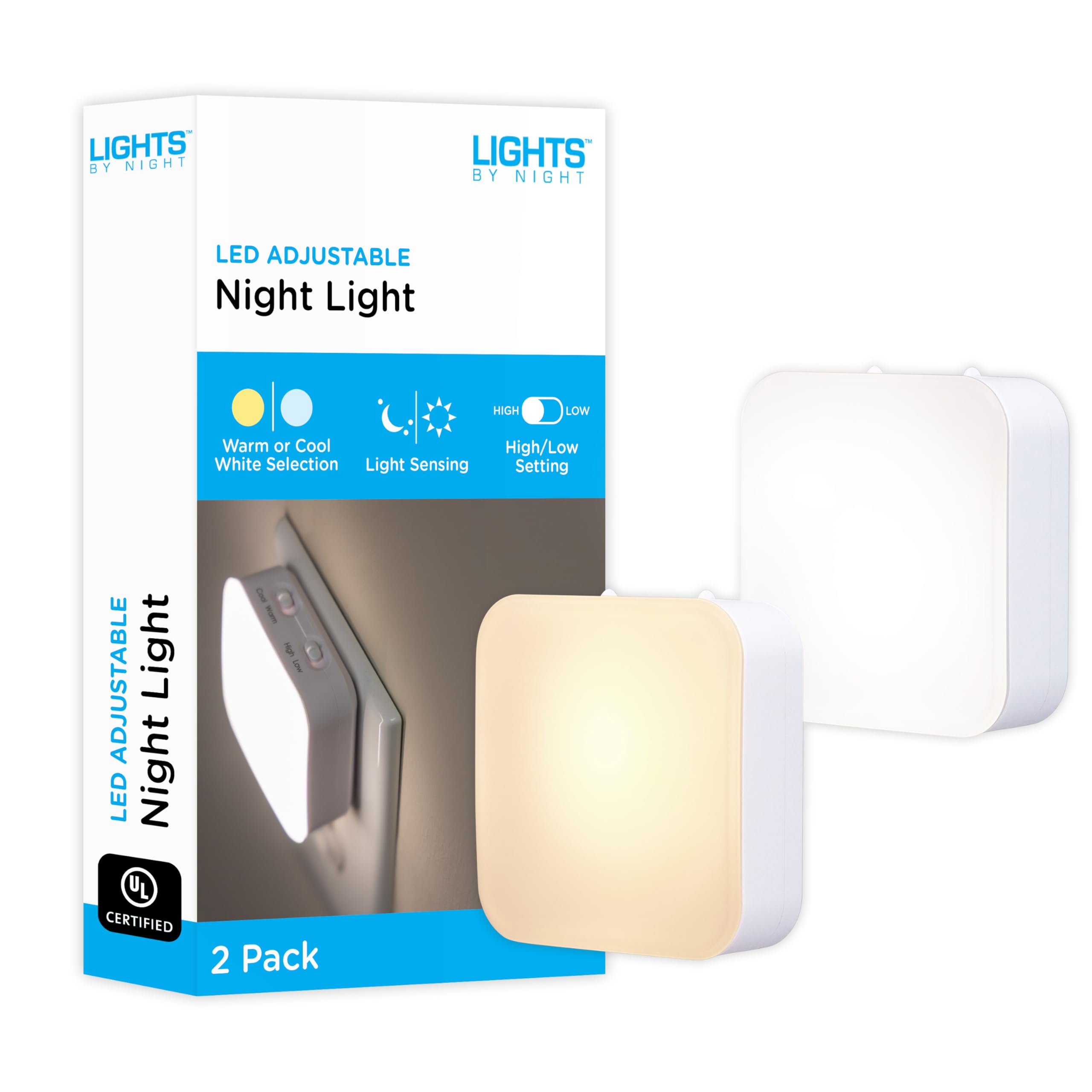 Lights By Night Dimmable LED Night Light, Plug-in, Dusk to Dawn Sensor, 2 Pack, White, Model 82179