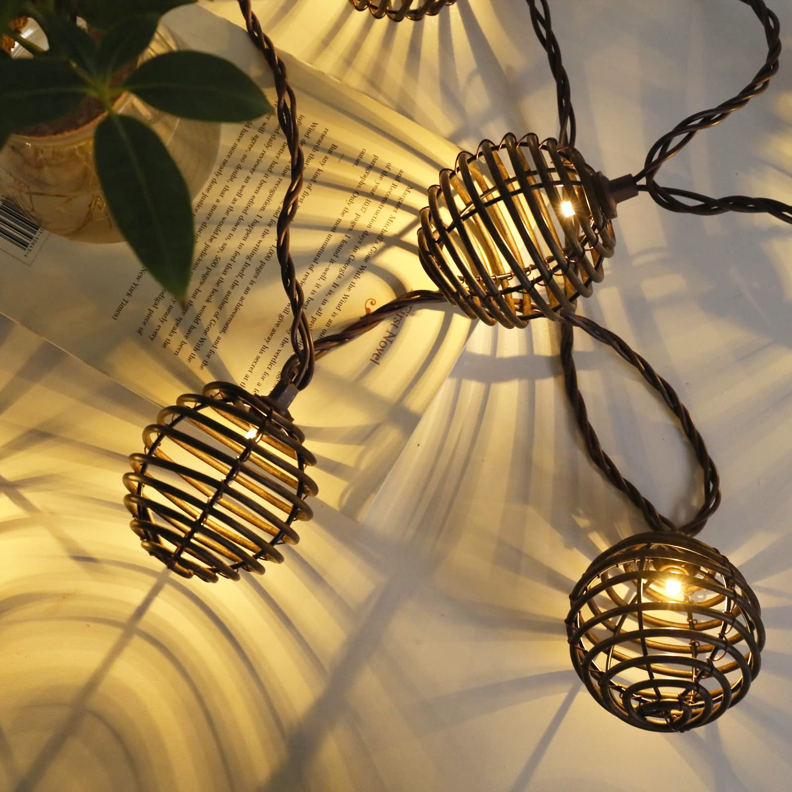 Vigdur Decorative - Rattan Ball String Lights With 10 Led Bulbs Plug In Rattan Lantern String Lights For Patio Garden Backyard P