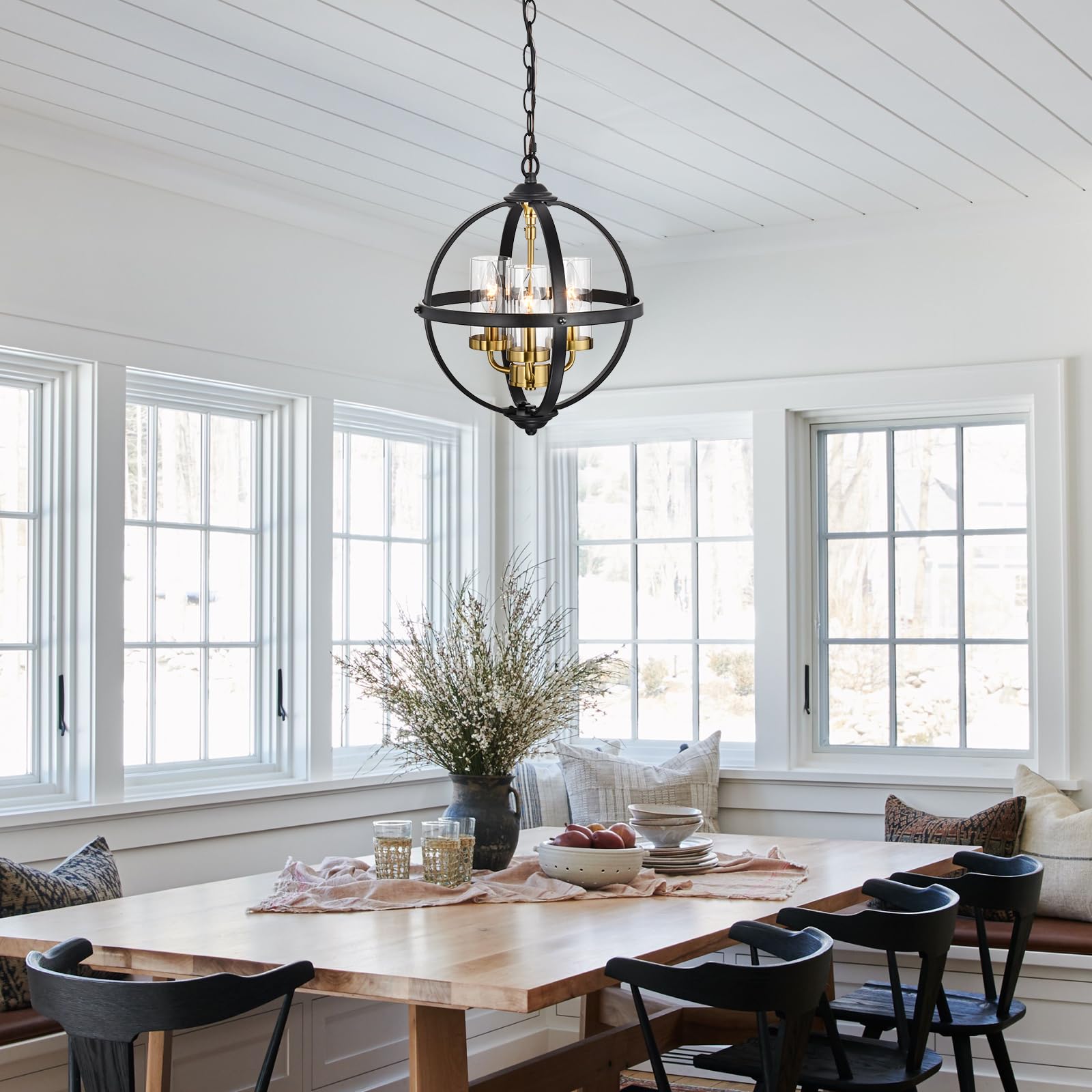Treekee Rustic Chandelier, 14" Black and Gold 3-Light Pendant Light for Kitchen, Dining Room, Living Room, Iron Construction