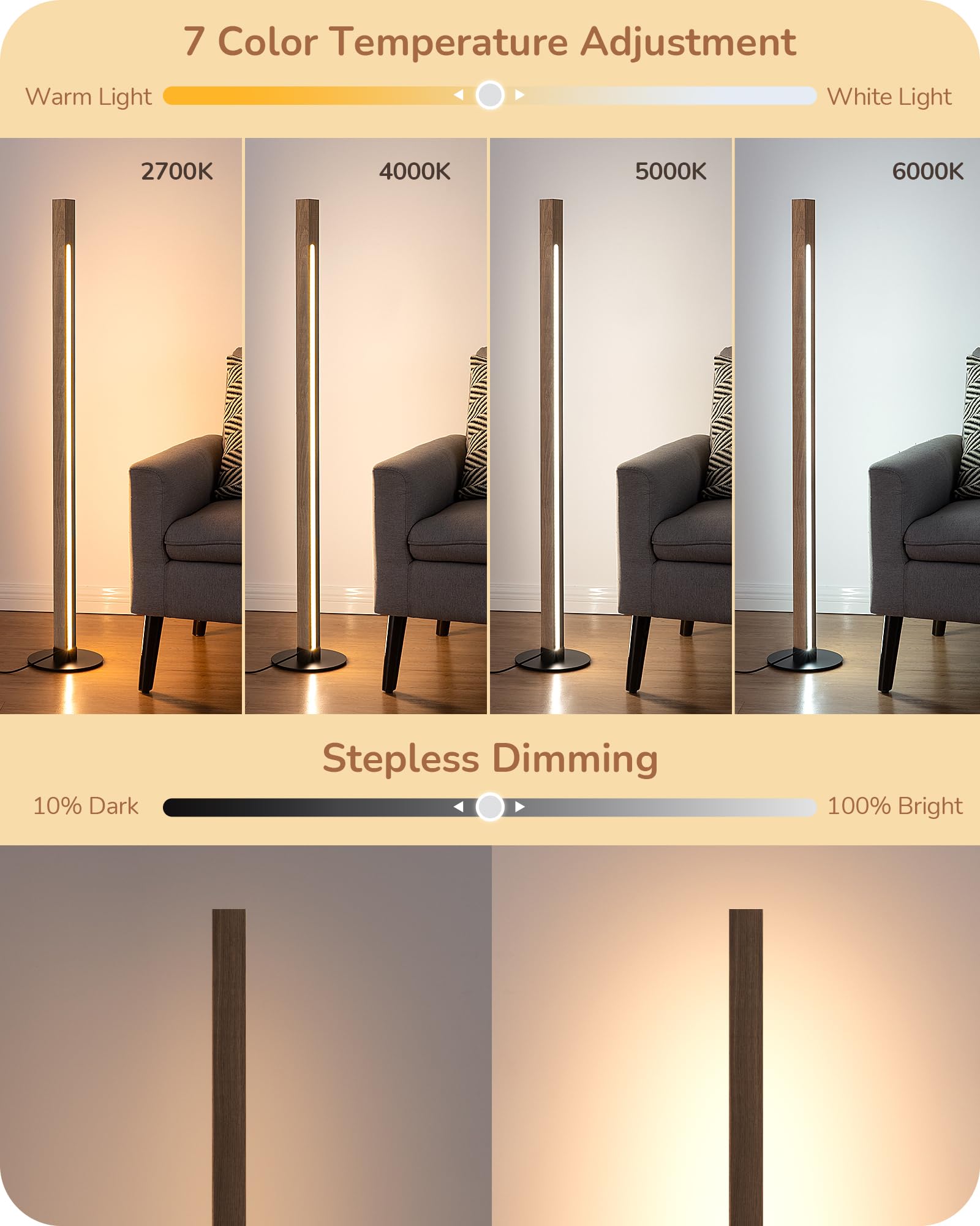 EDISHINE Corner Floor Lamp, Dual-Sided Lighting, Wooden, Dimmable, Remote/Foot Control, Model HLFL12C1, Natural Wood