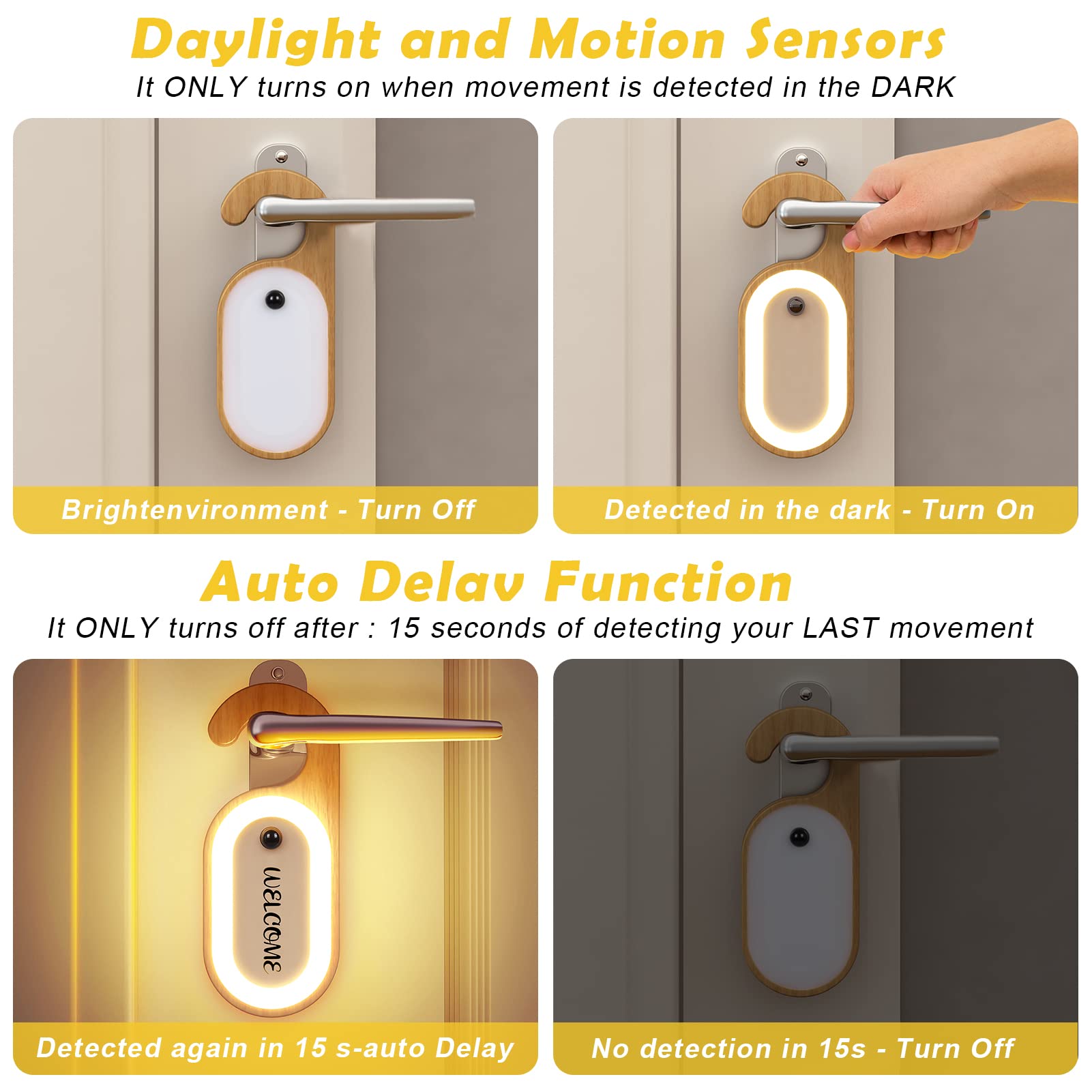 Leapair Wooden Message Memo Motion Sensor Night Light, Doorknob Board Led Lamp, Rechargeable Doorhandle Warm Light Hook Design F