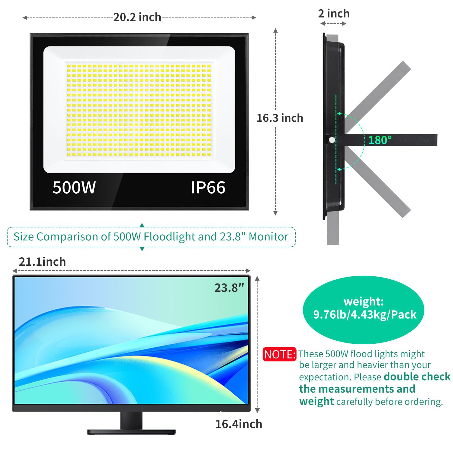 ISUERFY 500W LED Flood Light Outdoor, 60000LM, IP66 Waterproof, 5000K, Black, 2 Pack, Model SUER-FL500W-5000