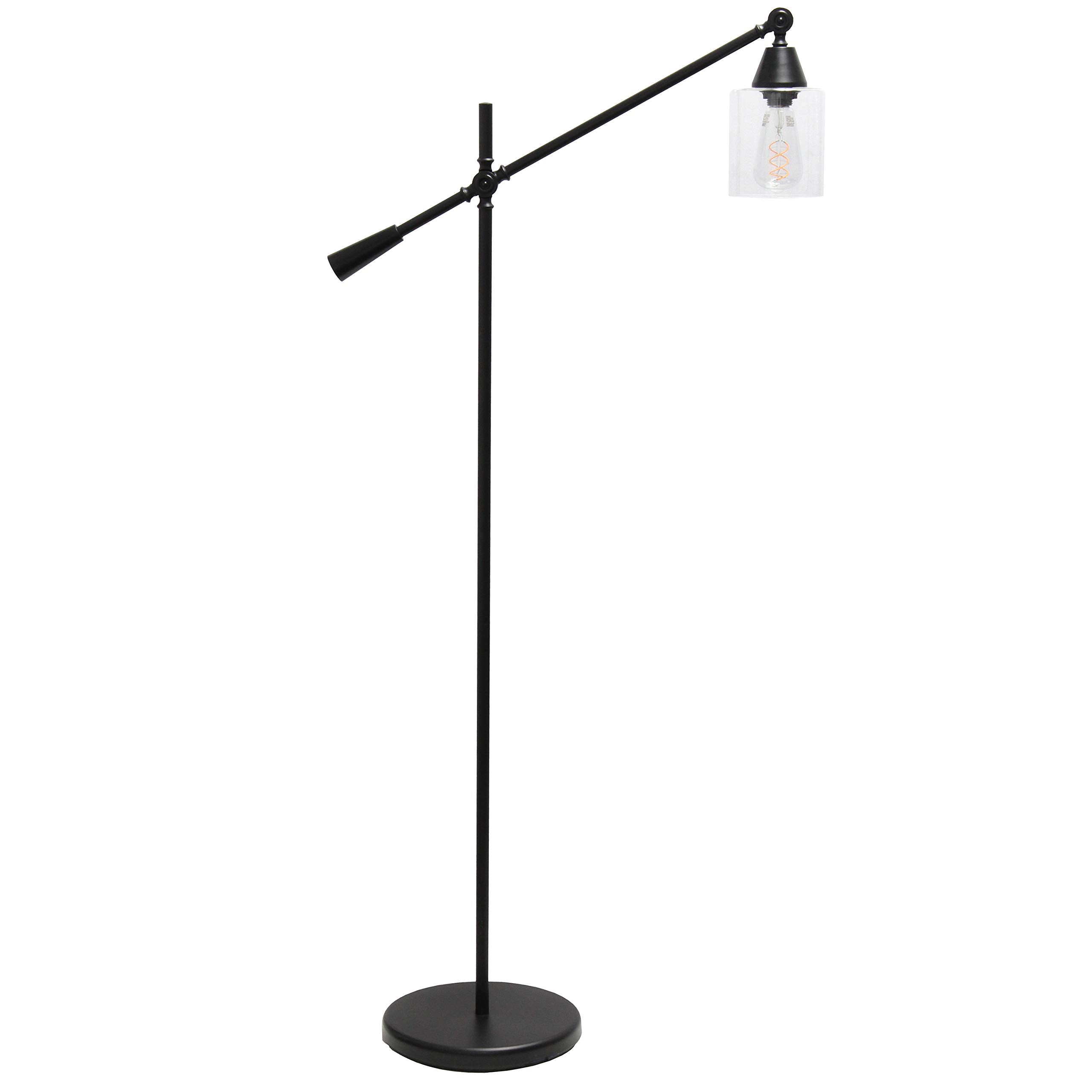 Elegant Designs Floor Lamp, Pivot Arm, Glass Shade, 30inL x 11inW x 56inH, Metal, Black, Model LF1030-BLK