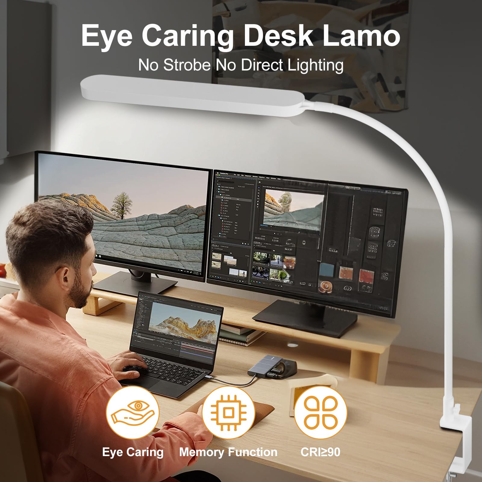SKYLEO Led Desk Lamp - Flexible Gooseneck, 5 Color Modes, 11 Brightness Levels, 1300LM, 12W, 16.5in Clamp, White