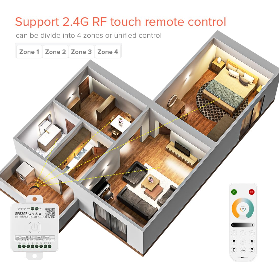 Btf-Lighting Sp630E Bluetooth Controllers 4 Zones 2.4Ghz Rf Rb2 Remote Kit Support Fcob Cob Smd Pwm Or Spi Cct Dual White Tunabl