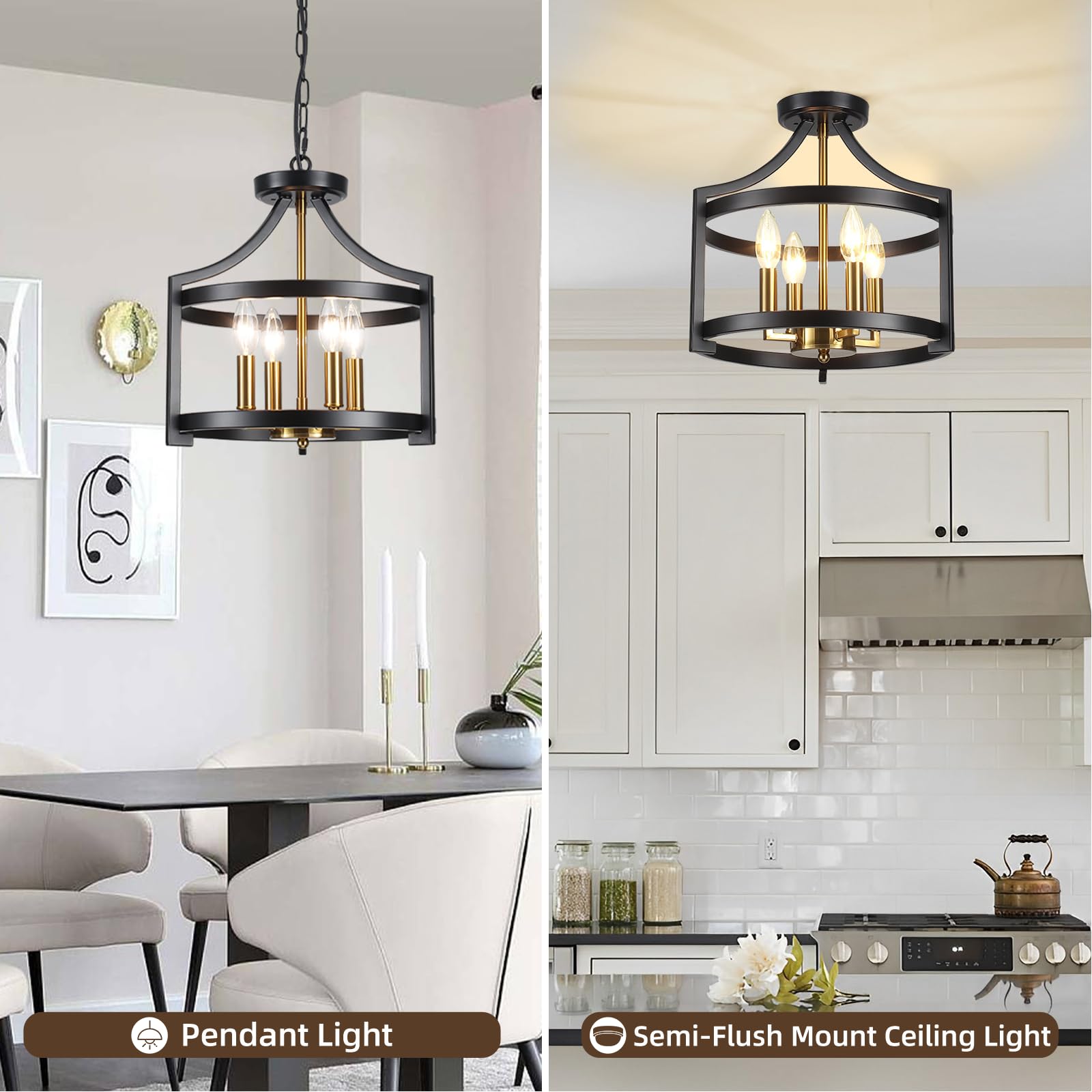 Lxwnyy Farmhouse Dining Room Light Fixture,4 Lights Kitchen Chandeliers Over Table Modern Black&Gold Hanging Pendant Lamp Conver