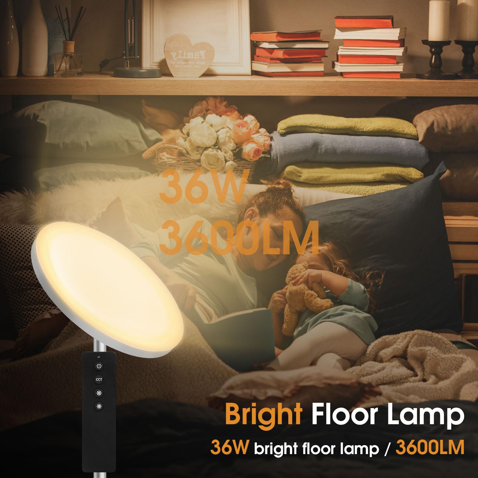 hanaking Floor Lamp, 36W/3600LM, Remote Control, Stepless Color & Brightness Adjustment, Silvery Grey, Model MF30002