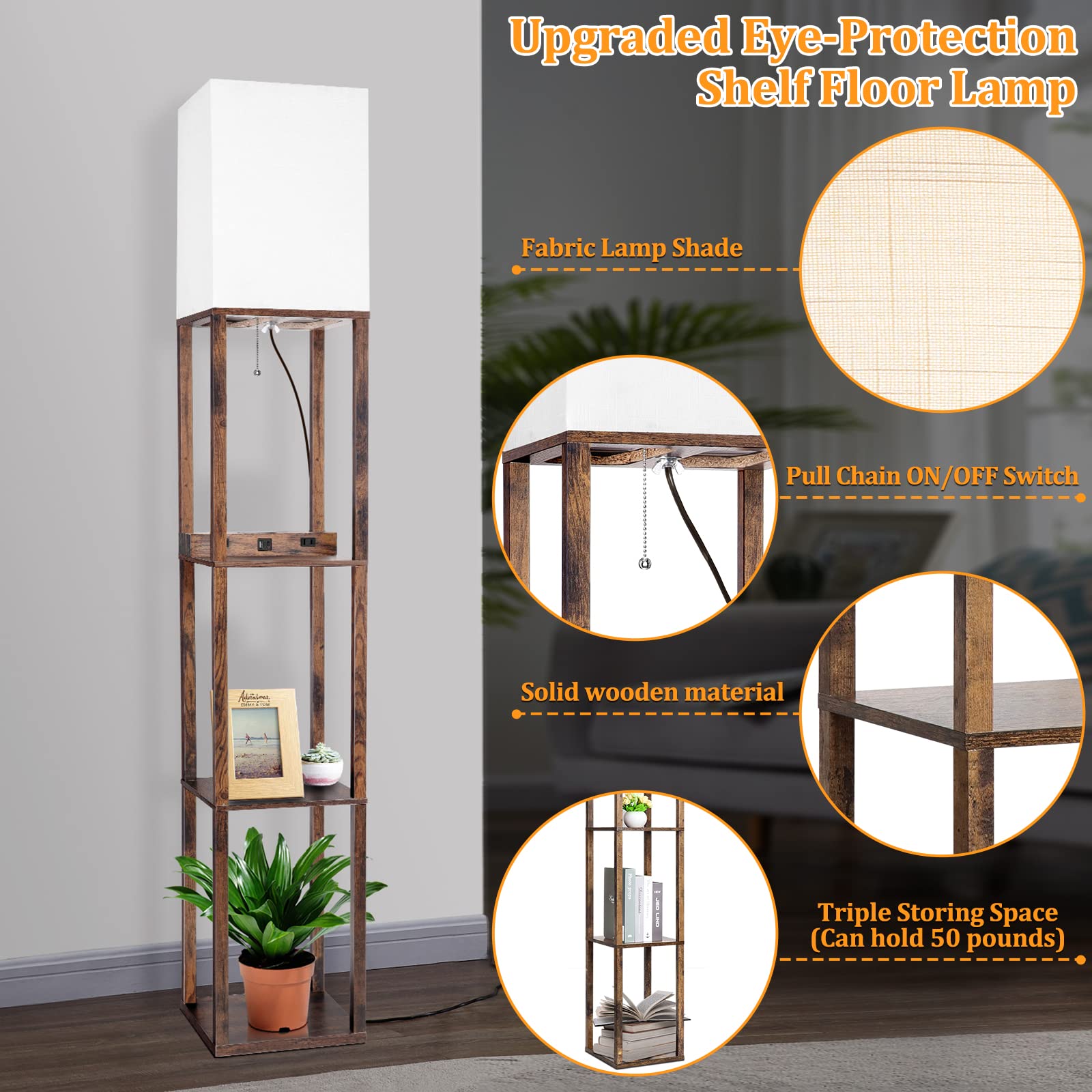 Dott Arts Floor Lamp with Shelves, Wireless Charger, USB Ports, 10.2" Wide, Brown, Model WLM1600-FLA-8W-06