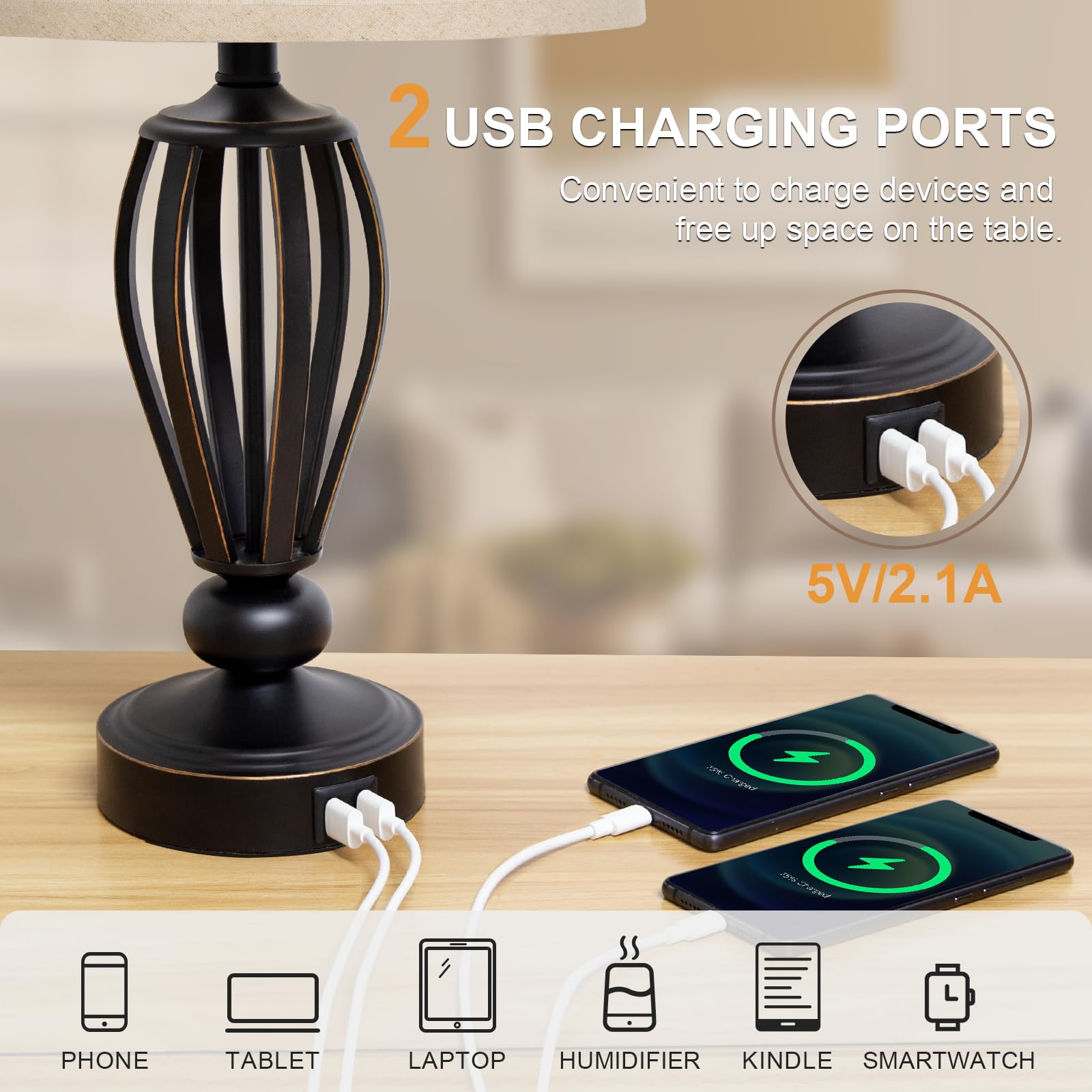 Seaside Village USB Bedside Lamp, 3-Way Dimmable, Black Metal Base, Beige Shade, Model S-FS-USB, Ideal for Bedroom, Living Room, Office