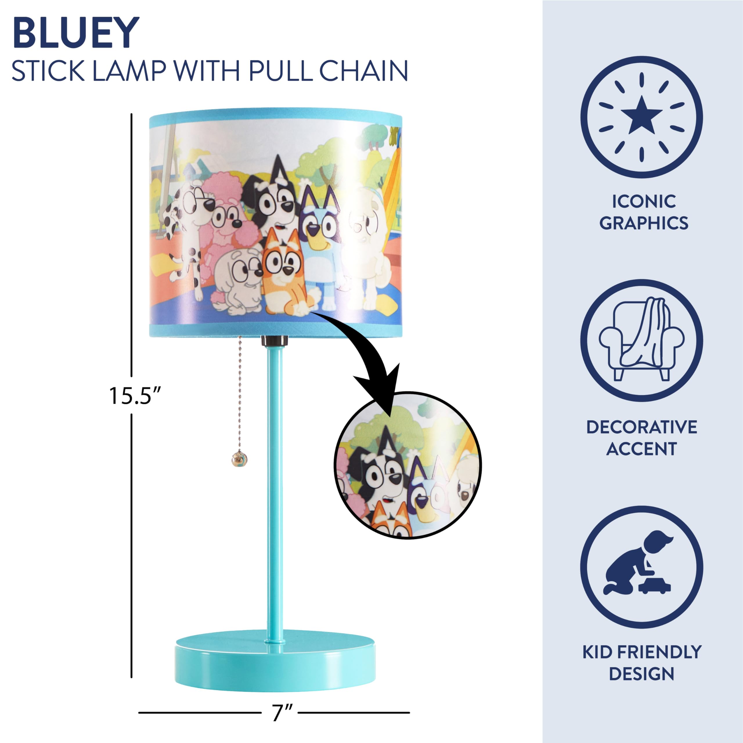 Idea Nuova Bluey Table Lamp - Kids Stick Lamp With Printed Shade, Pull Chain, Plastic, Bedroom & Nursery Lighting, Model Nk504018