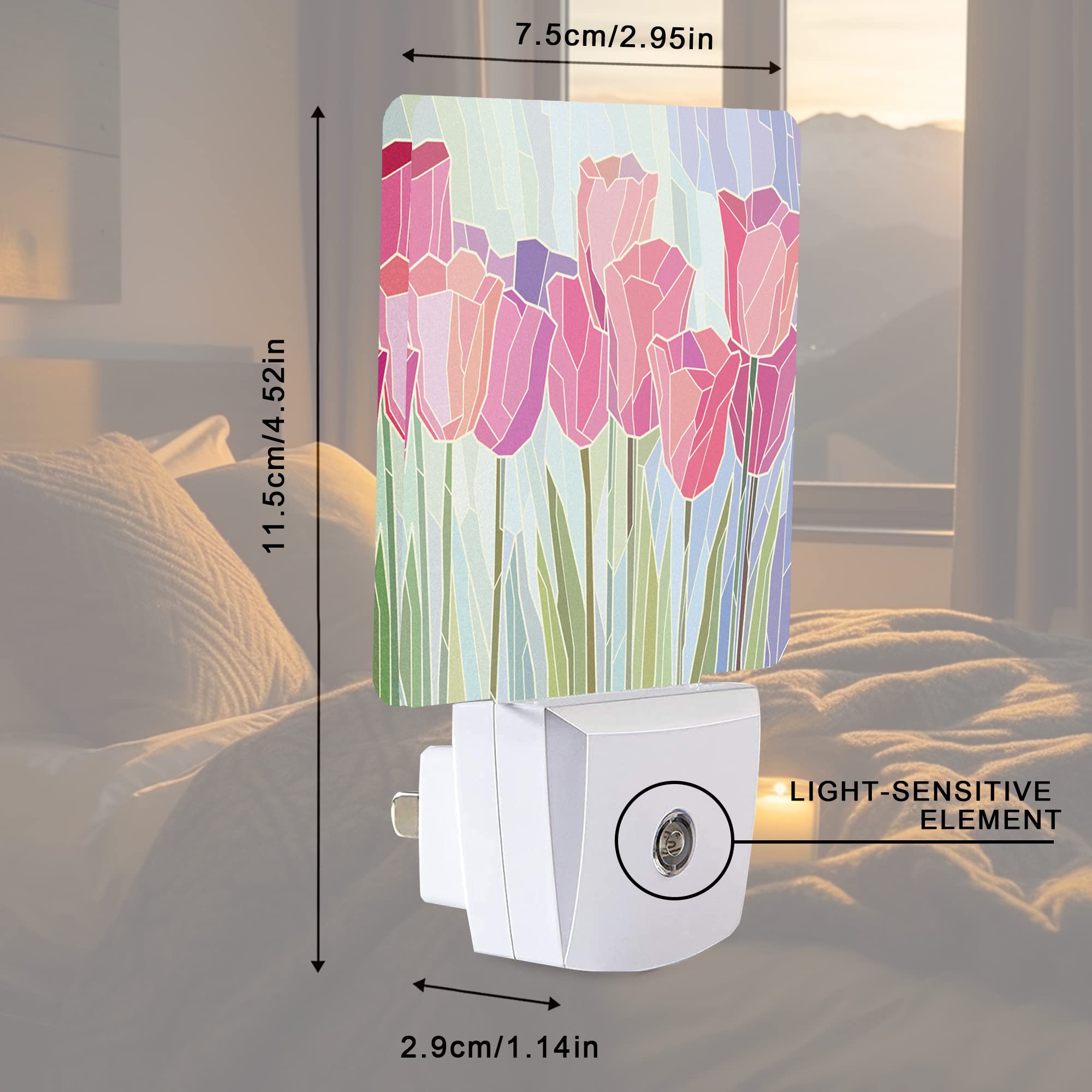 Smoaffly LED Night Light Plug-in Pink Tulip Flowers Auto Sensor Dusk-to-Dawn Lamp for Nursery and Kids