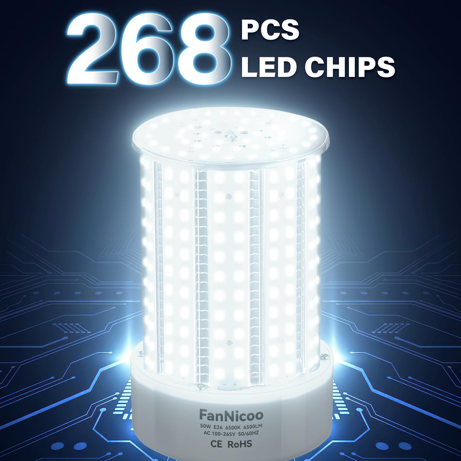 2 Pack 600W Equivalent Led Corn Bulb 6500 Lumen Super Bright E26/E39 Base Led Bulbs 6500K Daylight White 50W Corn Garage Light B