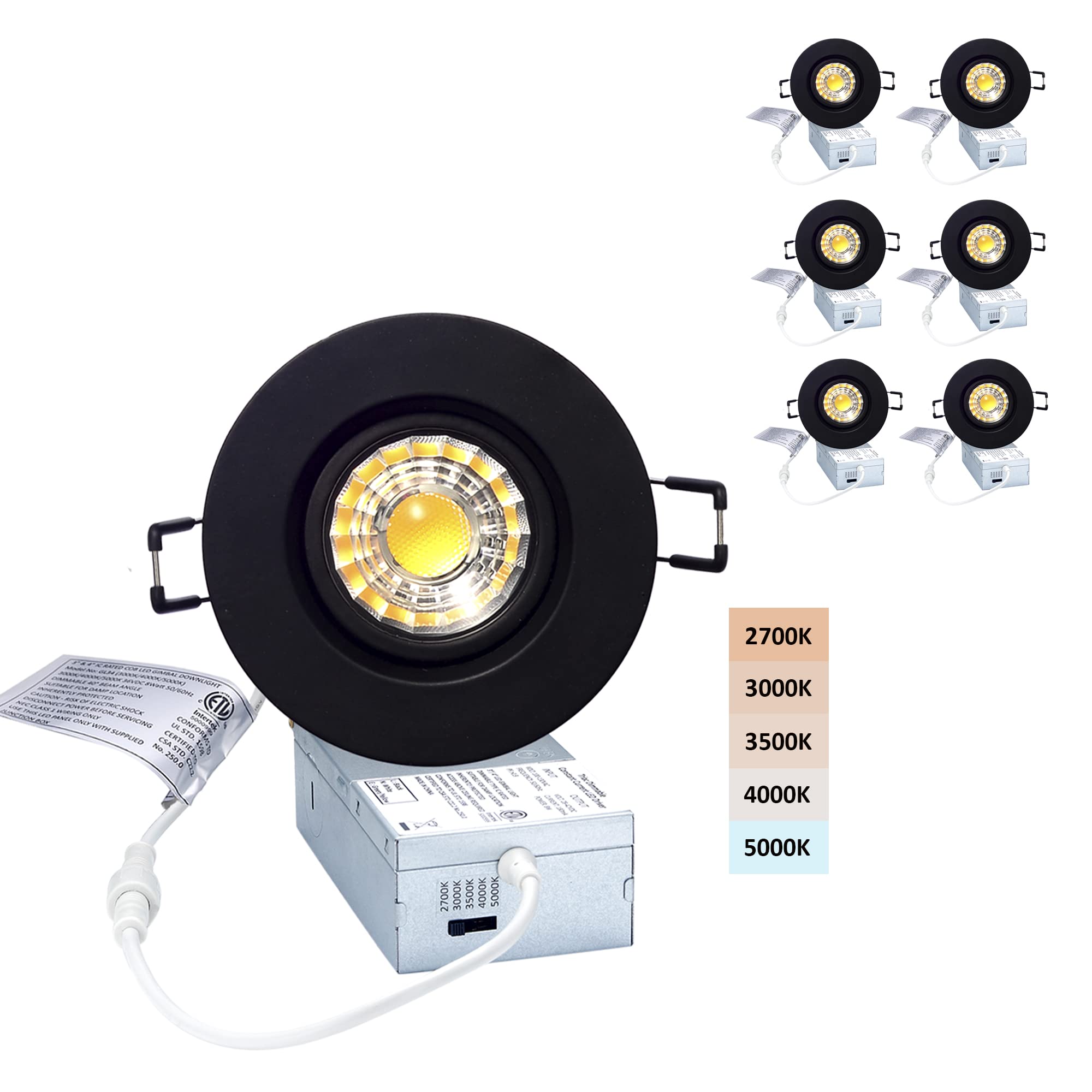 POPANU Canless Recessed Gimbal Downlight 8W Dimmable 5 CCT 3 Inch Black Round Trim, Model 8414797652885, 6 Pack