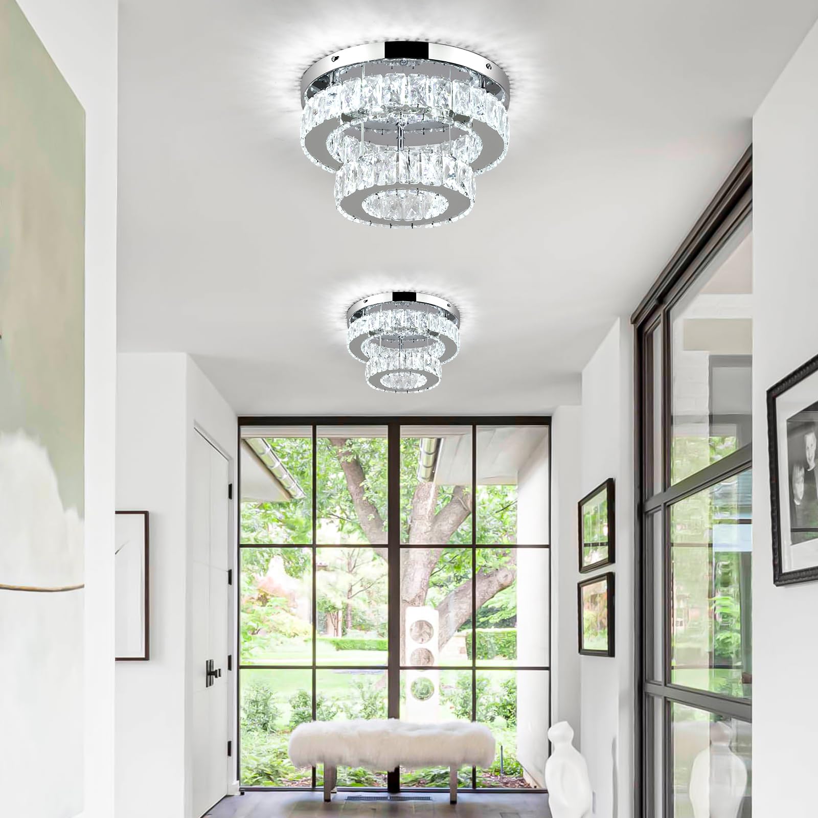 11.8 Inch Modern Mini Crystal Chandelier Led Flush Mount Ceiling Light - 2 Layer K9 Crystal, Small Chandelier For Bedroom, Hallw