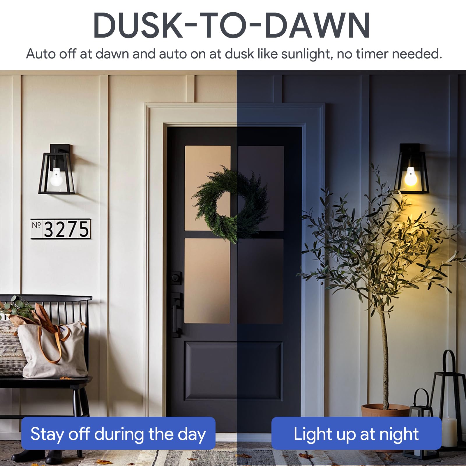 A19 Dusk To Dawn Sensor Led Light Bulbs Outdoor, Warm White 3000K, Energy Efficient 9W(60 Watt Equivalent), E26 Standard Base, A
