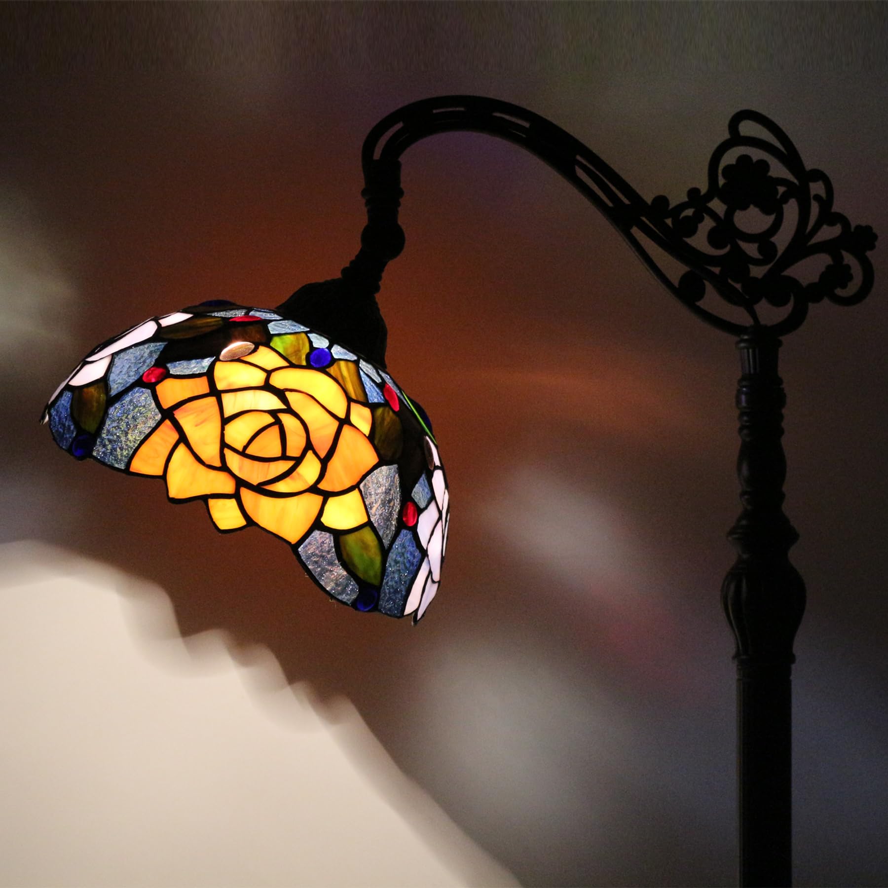 Avivadirect Tiffany Floor Lamp Stained Glass Orange Red Rose Arched Reading Light Gooseneck Adjustable Corner Standing Lamp 10X1
