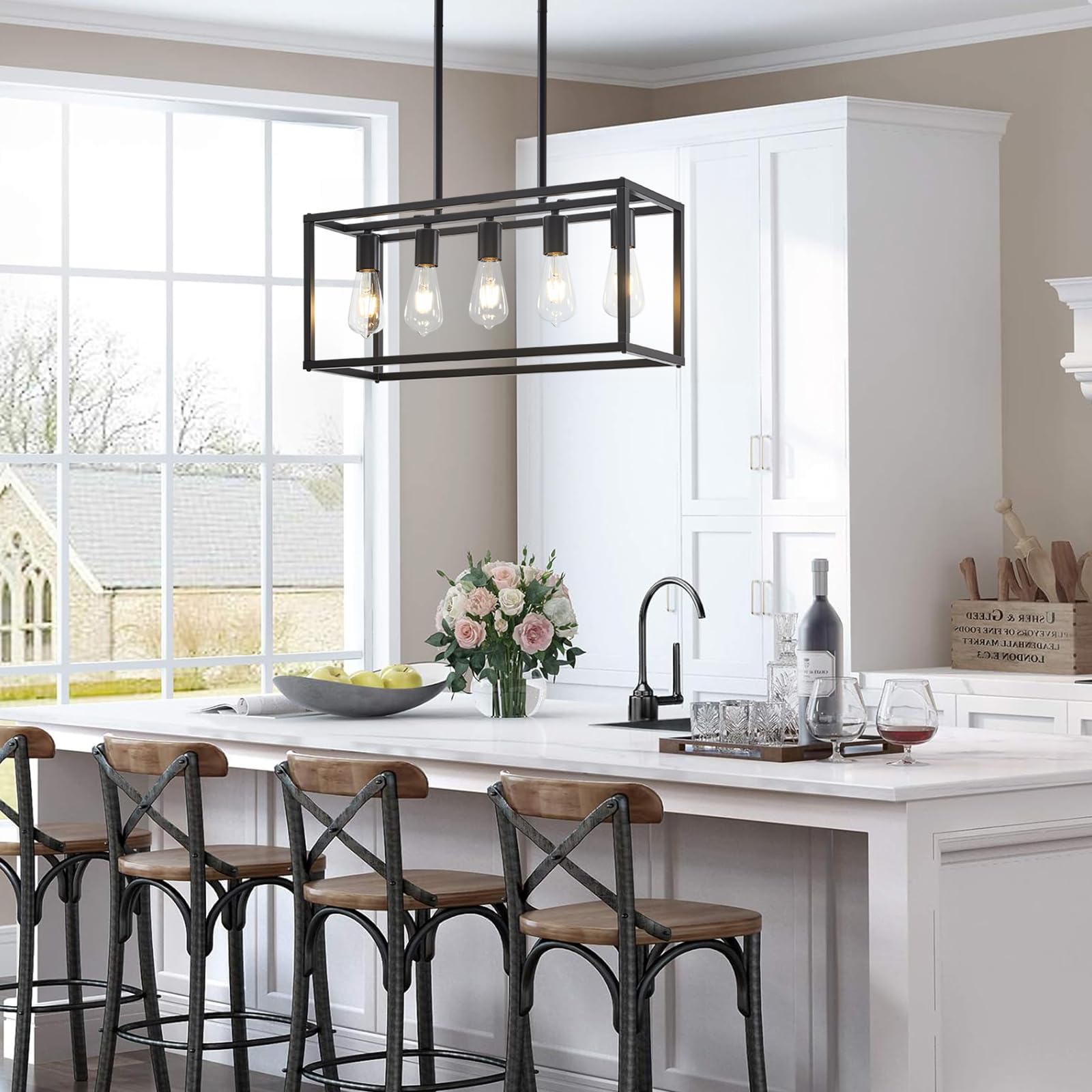 Lanhall 5-Light Kitchen Chandelier, Black Metal Pendant Light Fixture, Adjustable Height, Model 500-100-1029