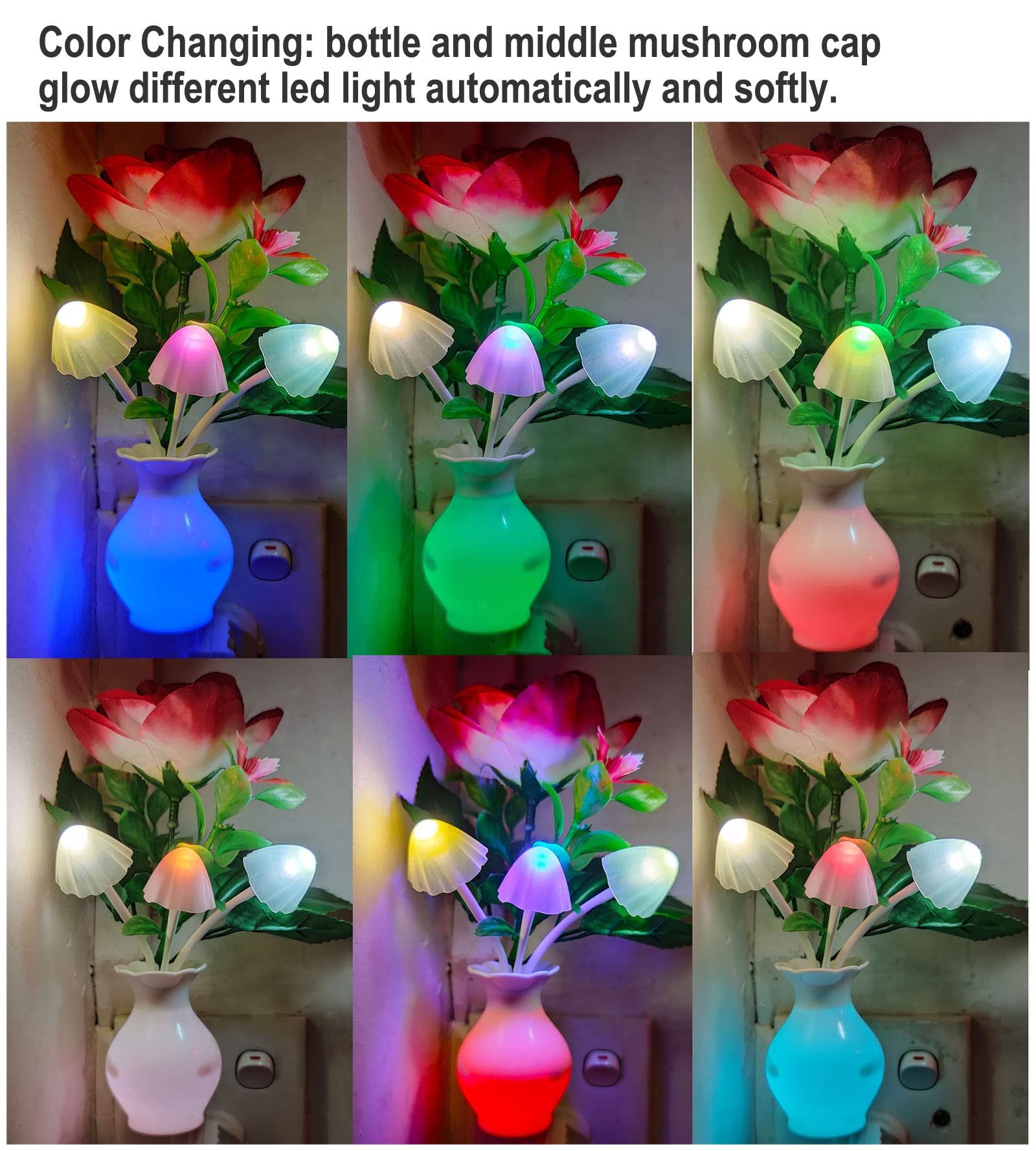 Ausaye Sensor Led Night Light Plug-In Nightlight, Color Changing Rose Flower Mushroom Night Light For Kids Adults Bedroom, Bathr