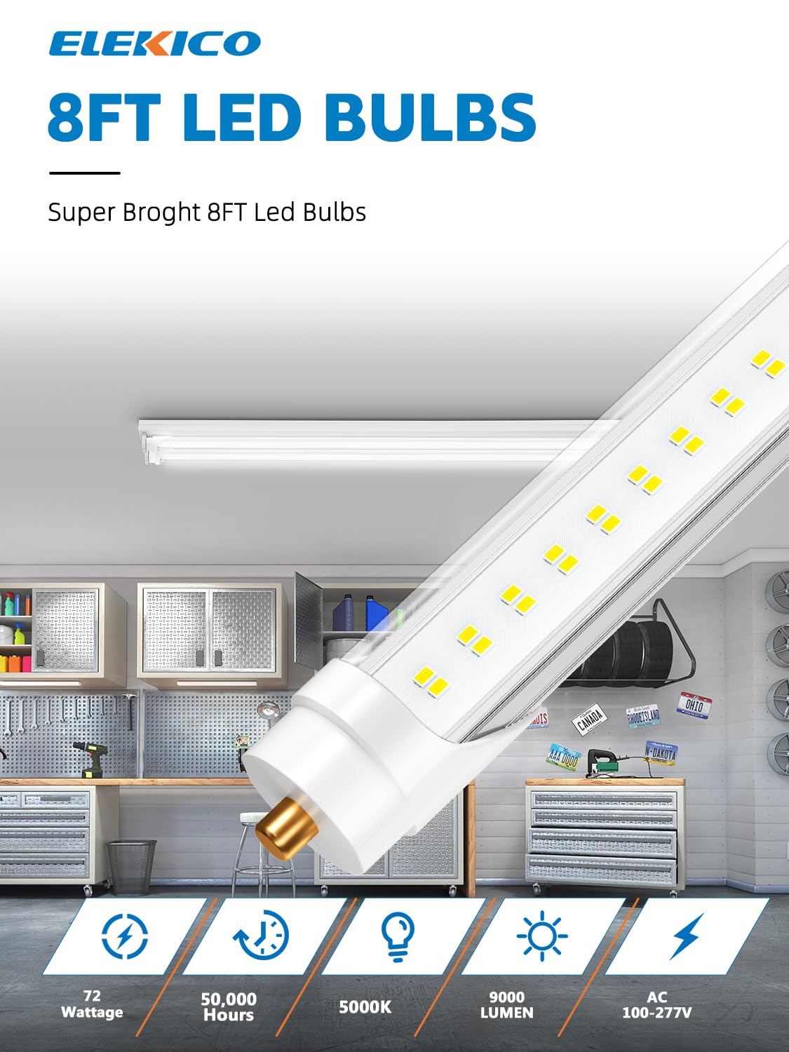 ELEKICO 8FT LED Bulbs, 72W 9000lm, T8/T10/T12 Clear Cover, Pack of 6
