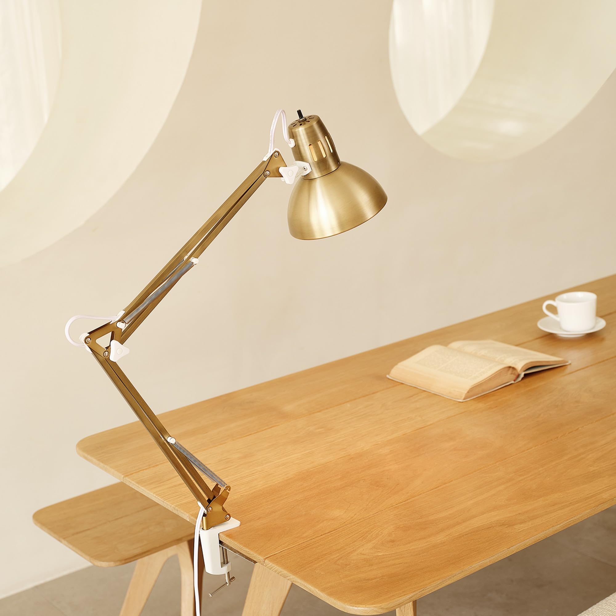 GLOBE Electric 32in Multi-Joint Desk Lamp with Metal Clamp, Matte Brass, Model 62000010