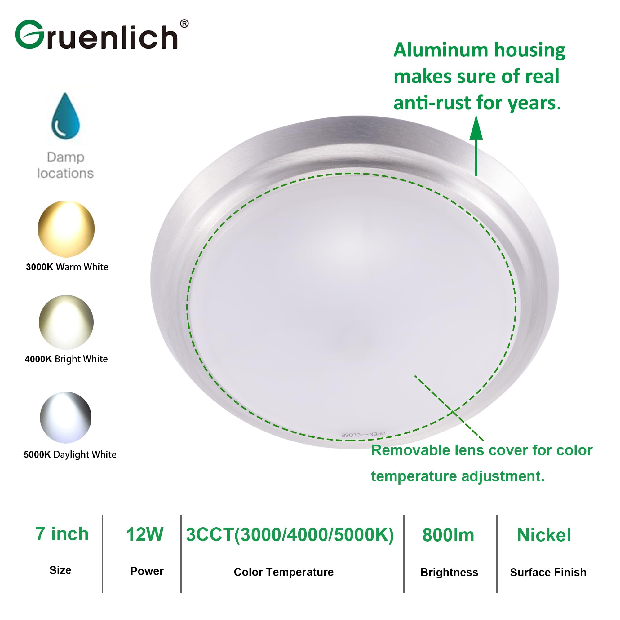 Gruenlich LED Flush Mount Ceiling Light, 12W (75W Replacement), 800 Lumen, 3 CCT, 7 Inch Nickel, Aluminum Housing, 2-Pack