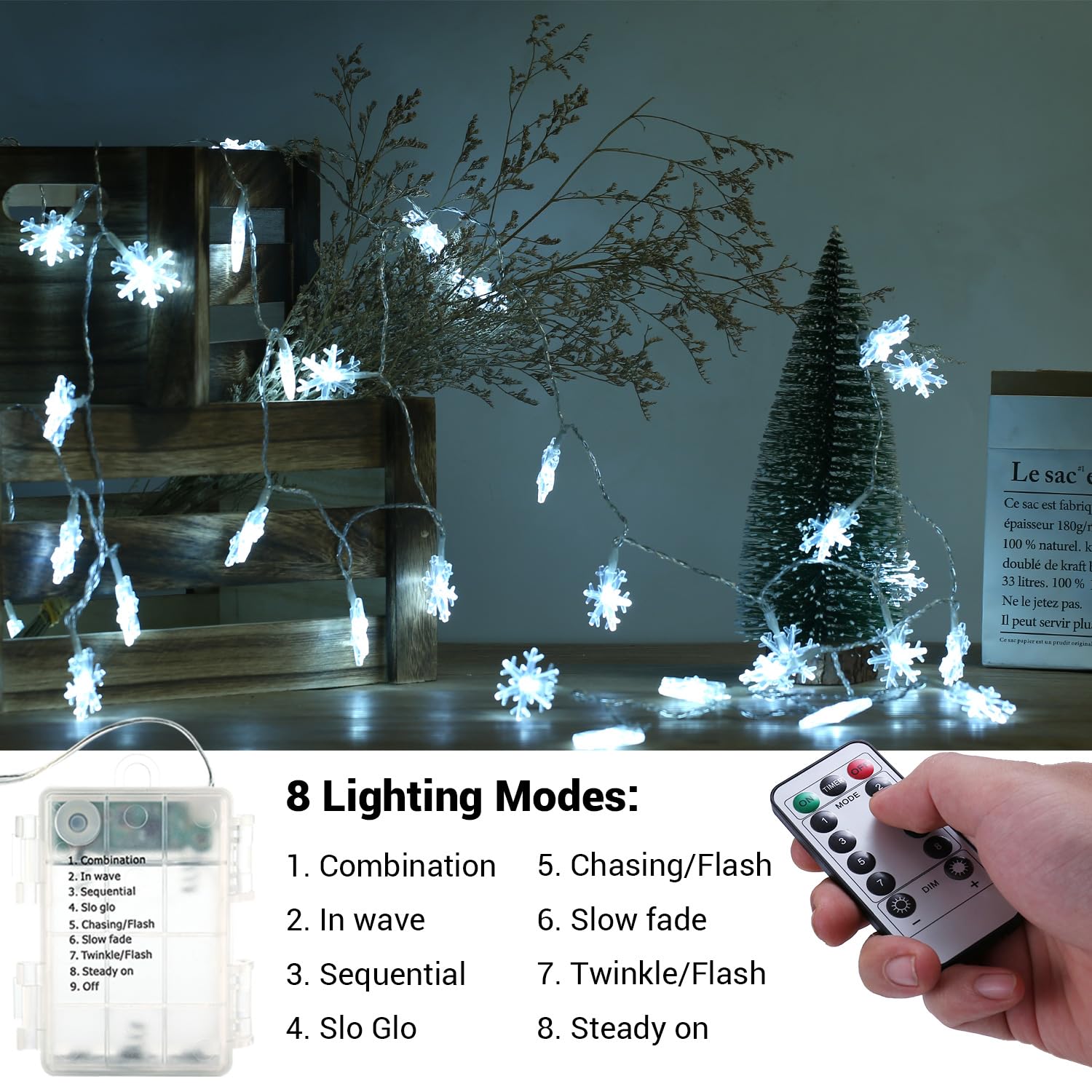 Brizlabs Snowflake Christmas Lights, 16.08Ft 40 Led Christmas Lights With Remote, Snowflake String Lights Battery Operated, 8 Modes Xmas Lights Waterproof For Outdoor Indoor Decorations, Cool White