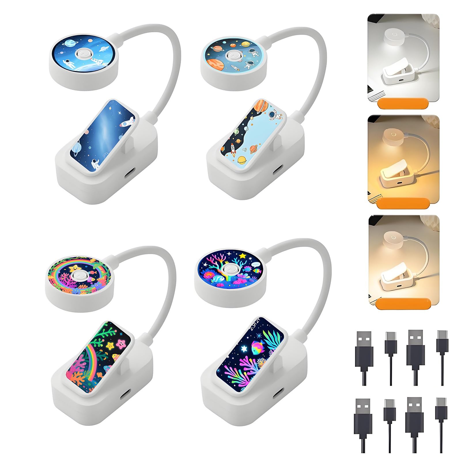 Darlur 4 Pack Rechargeable Cute Book Lights Bulk for Reading in Bed,3 Color,Adjustable Brightness,Clip on to Book Lights for Rea