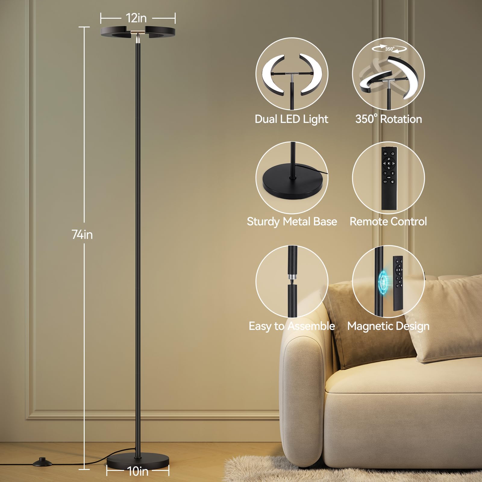 SUNMORY Floor Lamp with Remote, 28W/1600LM, Dimmable, 74in Tall, Iron, Black, Model FLD-032-XO