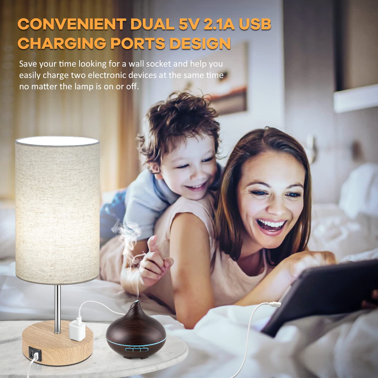 Bedside Table Lamps With 2 Usb Charging Ports & Ac Outlet, Set Of 2 Touch Control Wooden Base Nightstand 3-Way Dimmable Lamps Wi