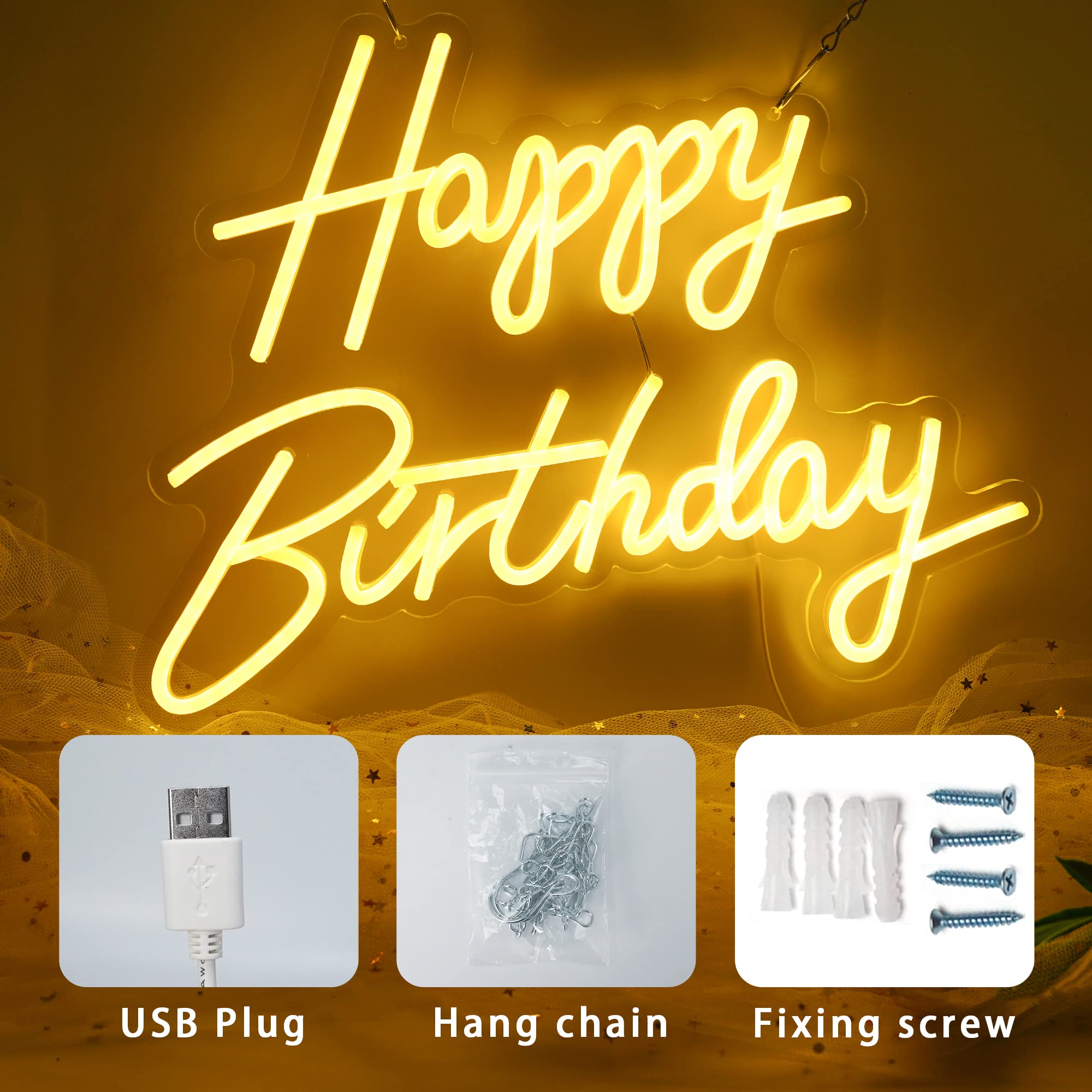 Aslanka LED Neon Sign - Happy Birthday Decor - 15.7 x 7.8 inch - Warm White Acrylic - USB Powered