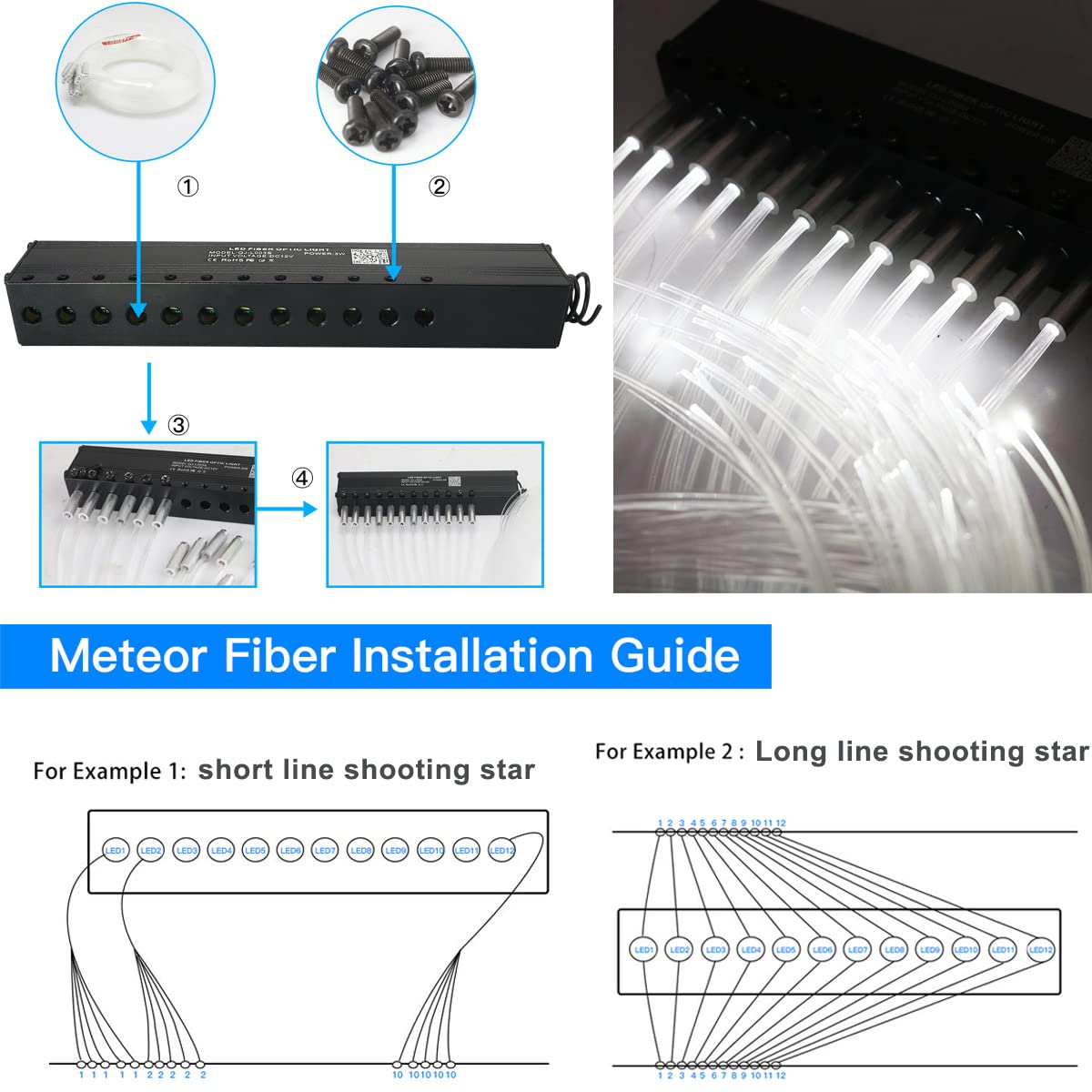 AZIMOM Bluetooth Fiber Optic Light Kit, 16W, 550pcs Strands, Gold, Model QJ-L016, Meteor Effect, Remote Music Mode