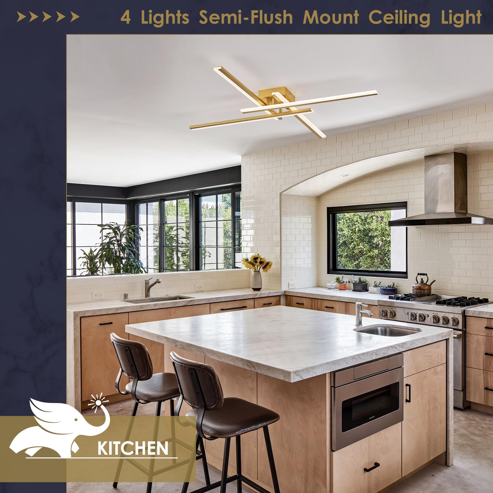 Airyphant Gold Modern Led Chandelier 4-Lights Semi-Flush Mount Ceiling Lighting Fixture 35.4  Dimmable Remote Control Ceiling Light For Living Room Bedroom Kitchen Foyer