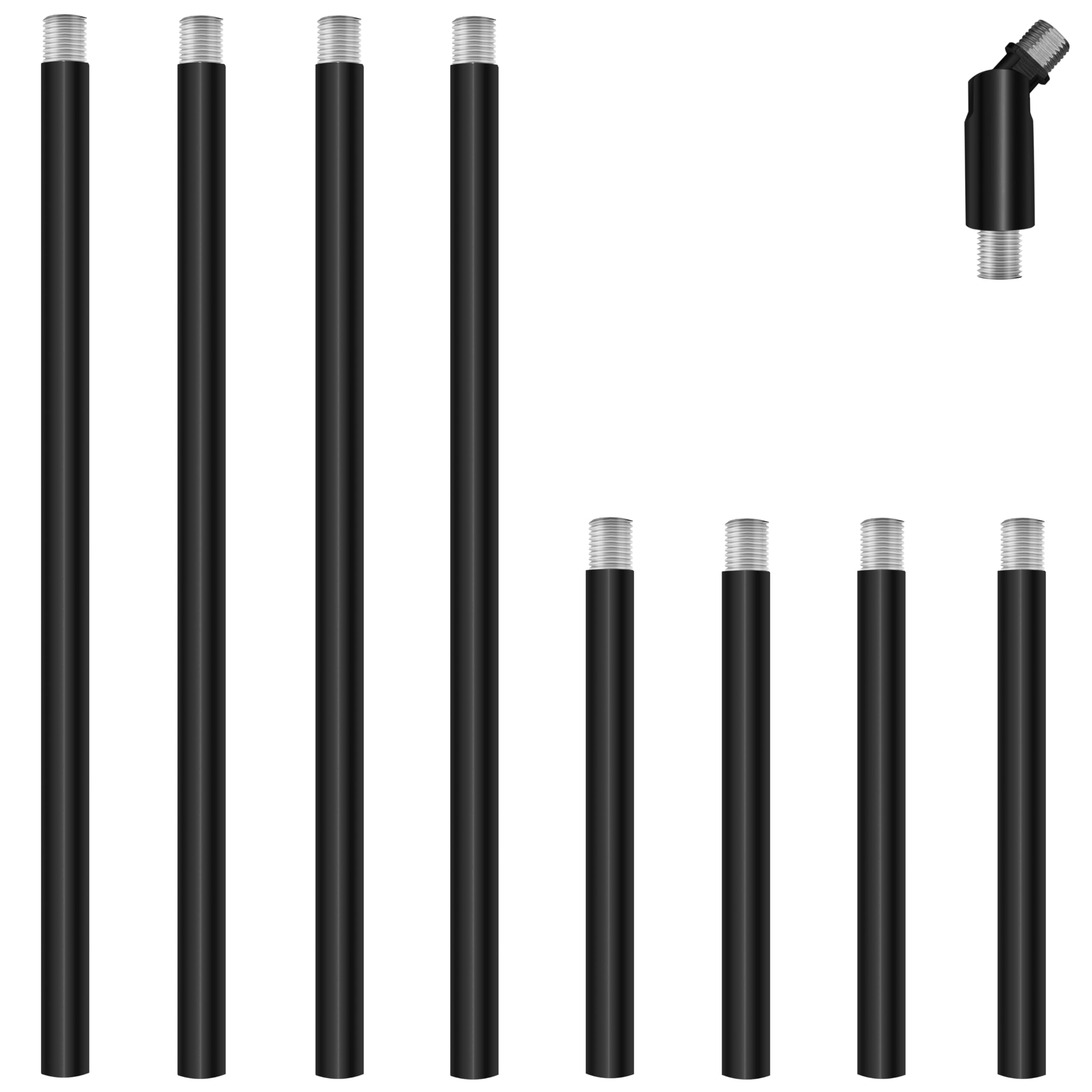 8 Pieces M10 Threaded Extension Poles Lighting Fixture Downrods Stems & 180 Degrees Sloped Ceiling Adapter Kits For Pendant Light  Island Lighting  Chandeliers (Black)