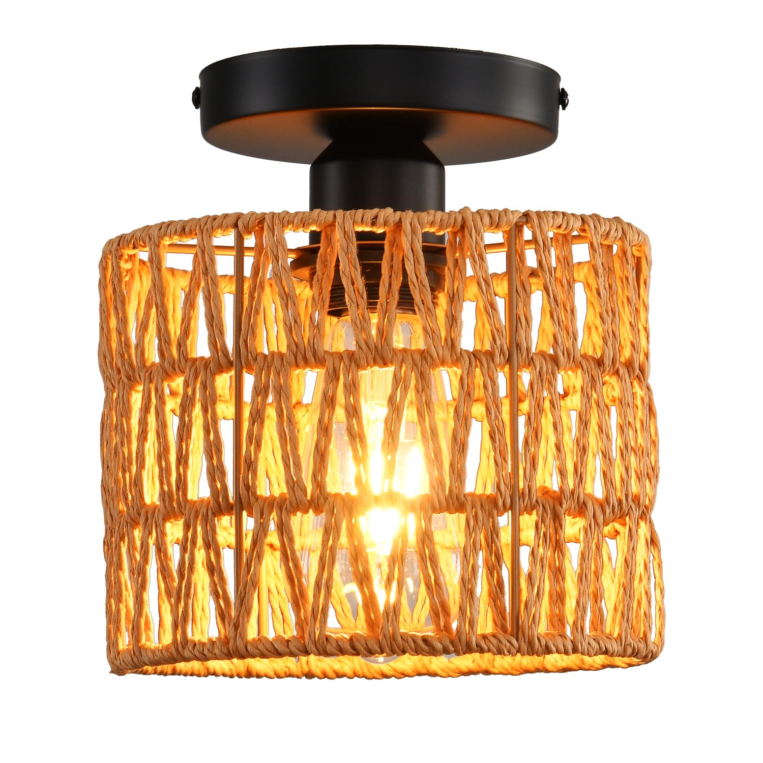 KENMI Ceiling Light Fixture, Hand-Woven Rattan Flush Mount, Brown, 1 Pack, Metal, Model C1