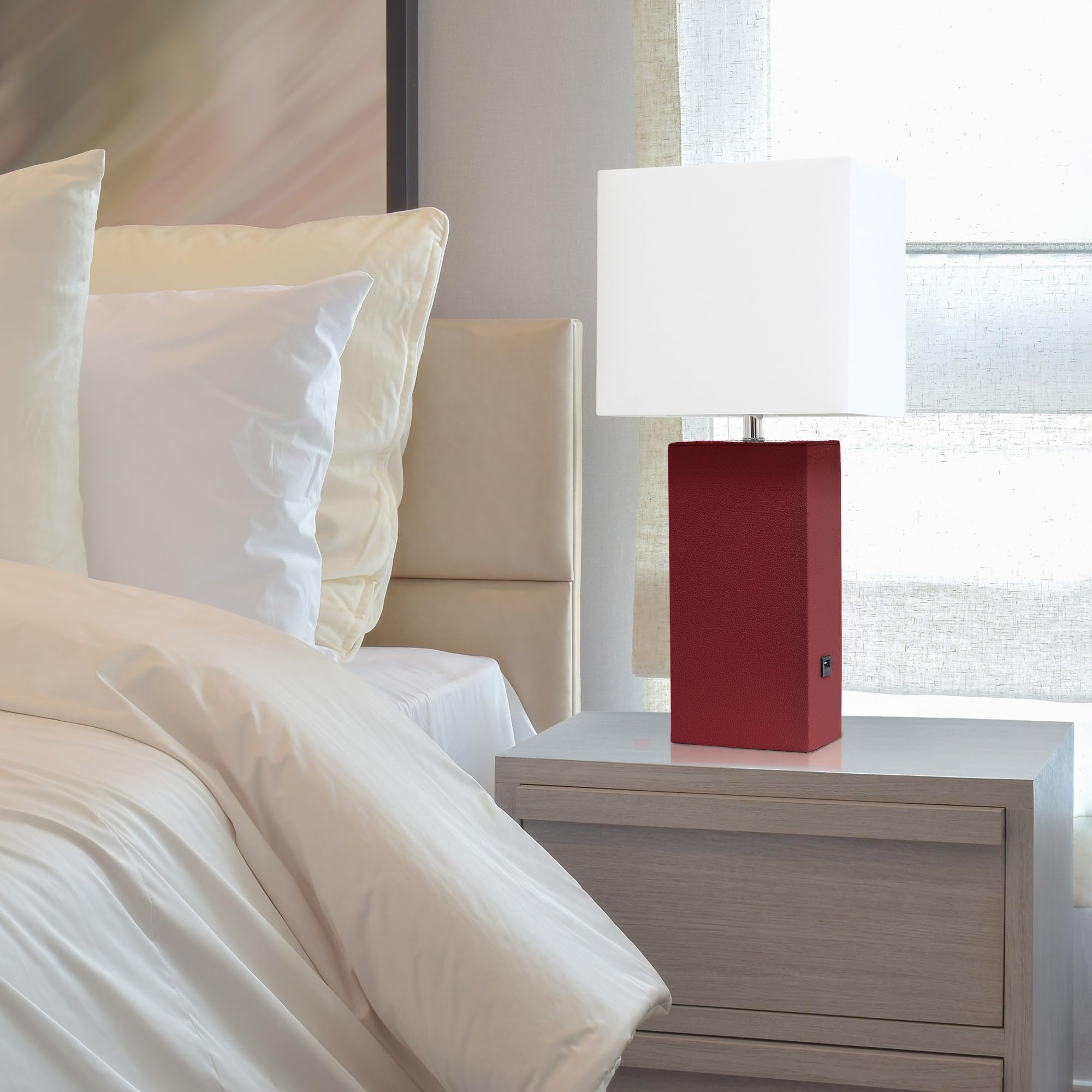 Elegant Designs Lt1053-Red Modern Leather Usb And White Fabric Shade Table Lamp, Red (Pack Of 1)