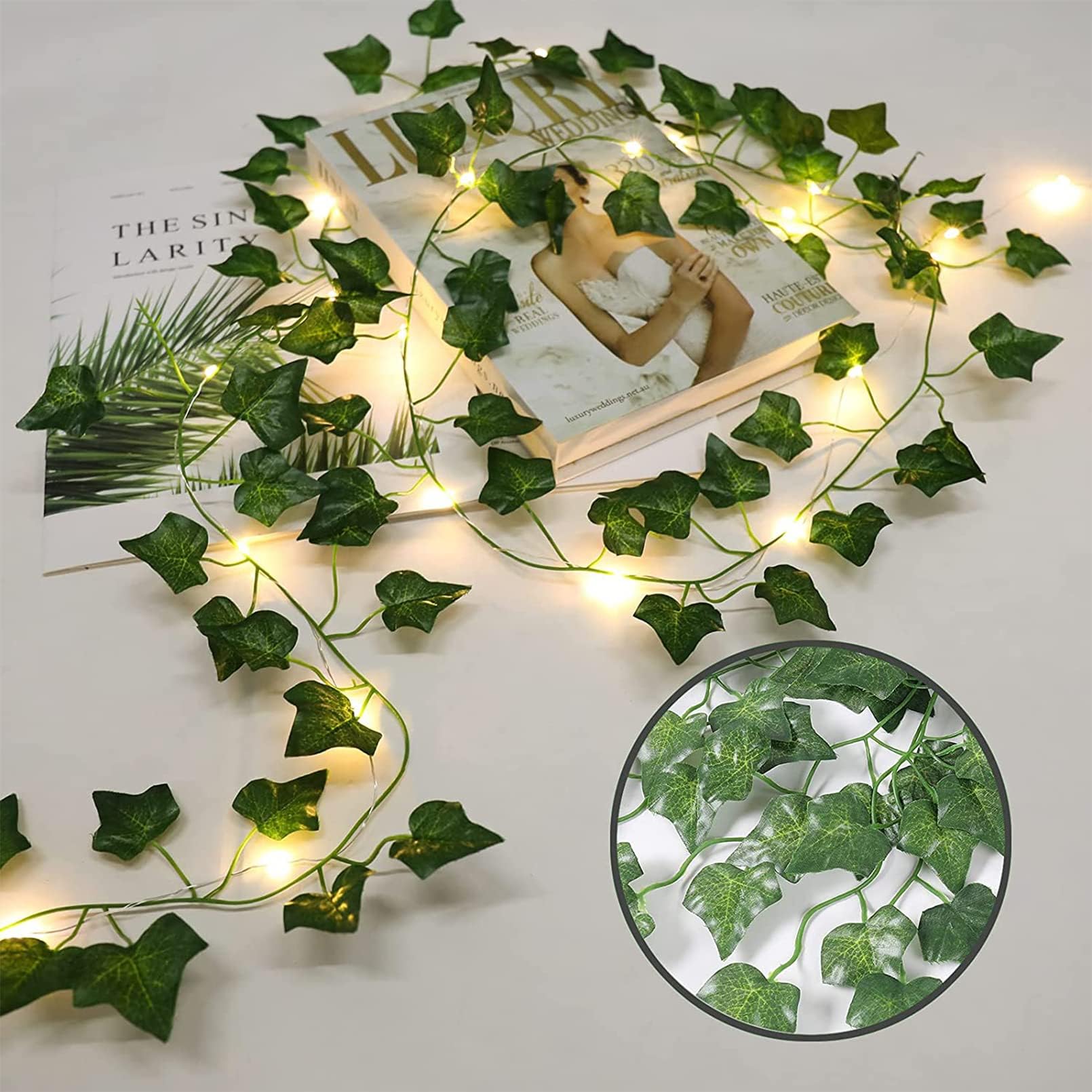 Nwlight 2 Pack 6.56 Ft Vine Lights Green Ivy Vines String Lights Battery Operated, 80 Leds Battery Powered Artifical Garland Plant Leaves With Lights For Bedroom Holiday Patio Decor (Warm White)