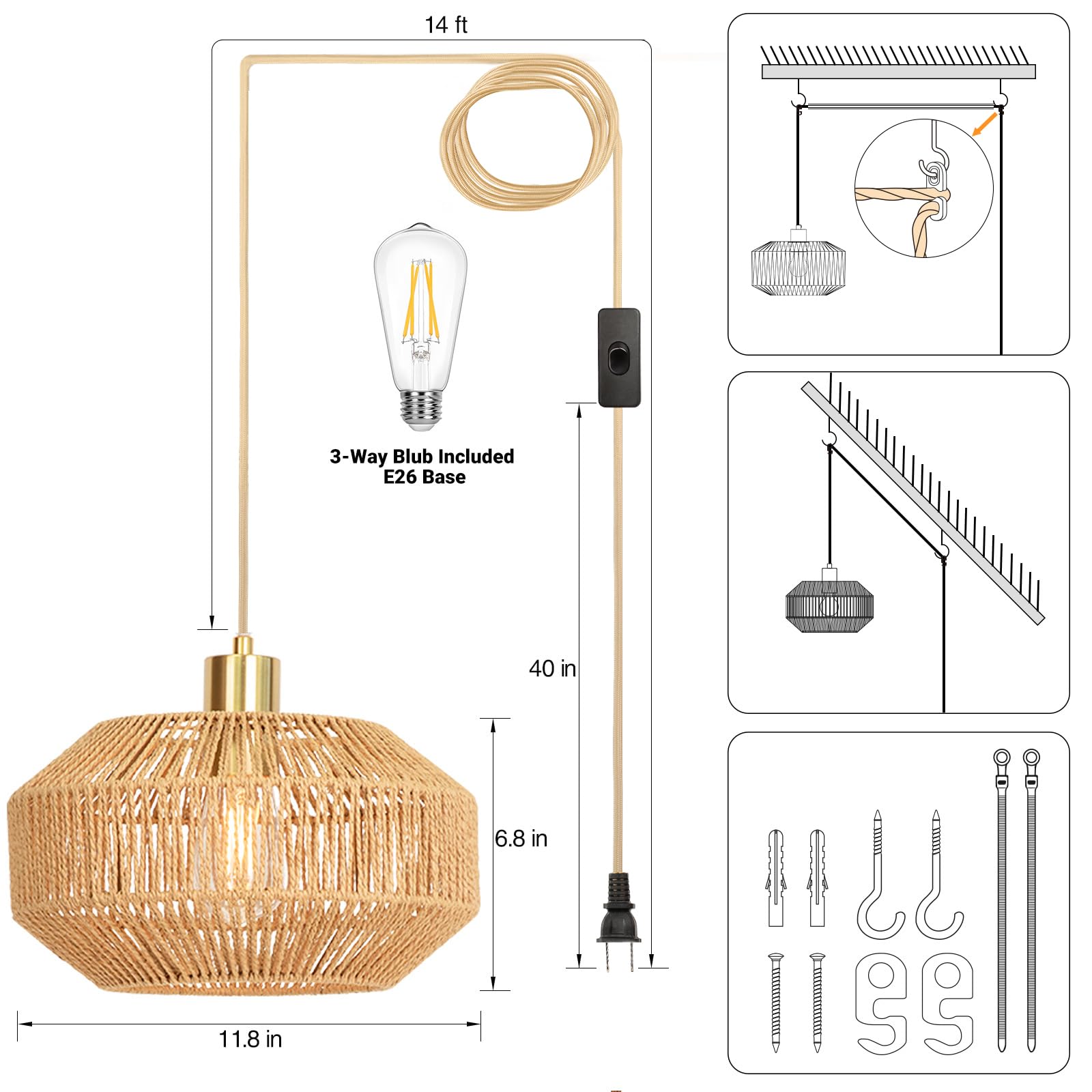 Qingmiao Woven Rattan Pendant Light - Boho Hanging Lamp, Dimmable For Kitchen & Dining Room
