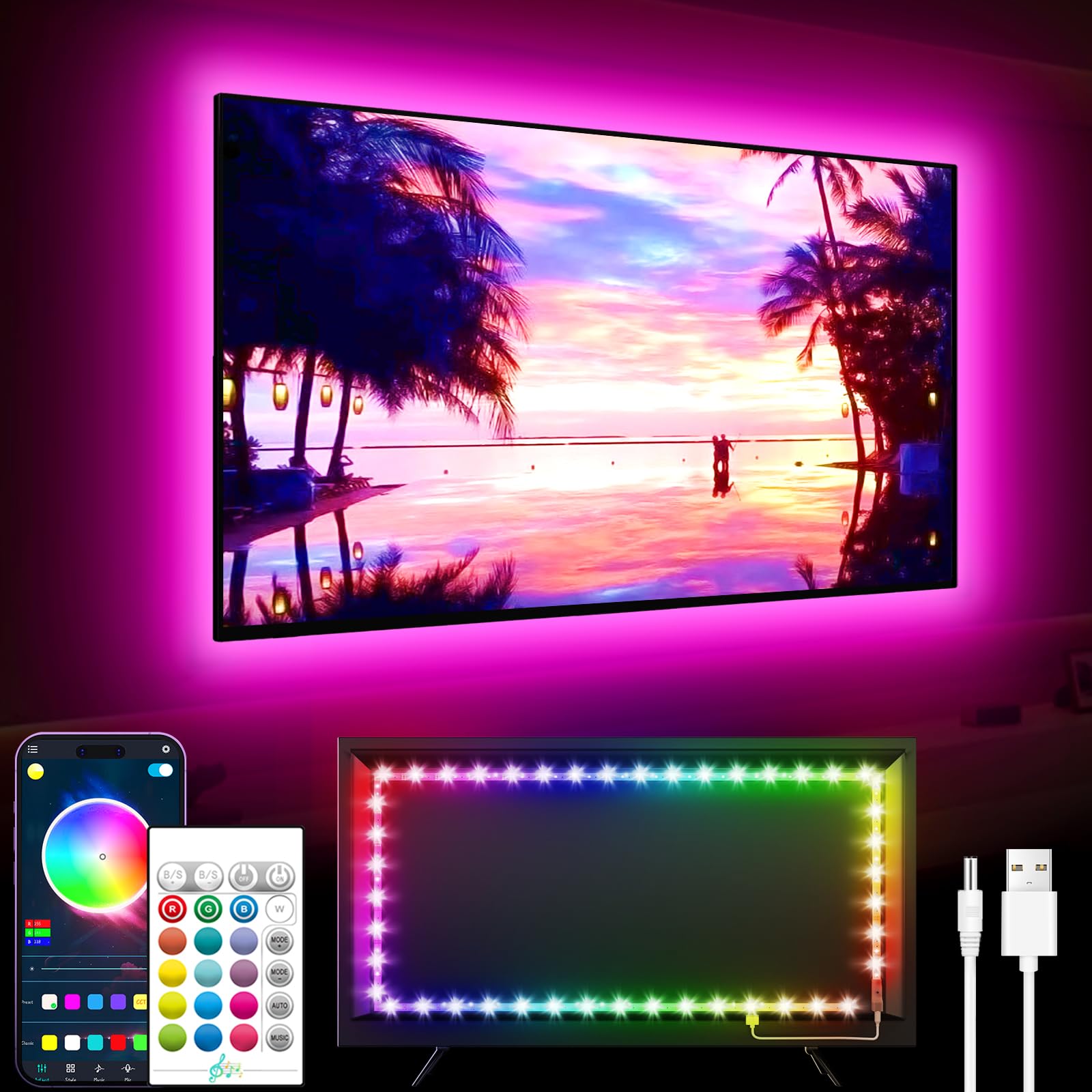 GIPOYENT TV Light Strip, Music Sync LED TV Backlight, for 55-80 Inch TV, LED TV Light with Bluetooth Function - RGB Color Changing Light Strip for Home Theater (19.6ft)