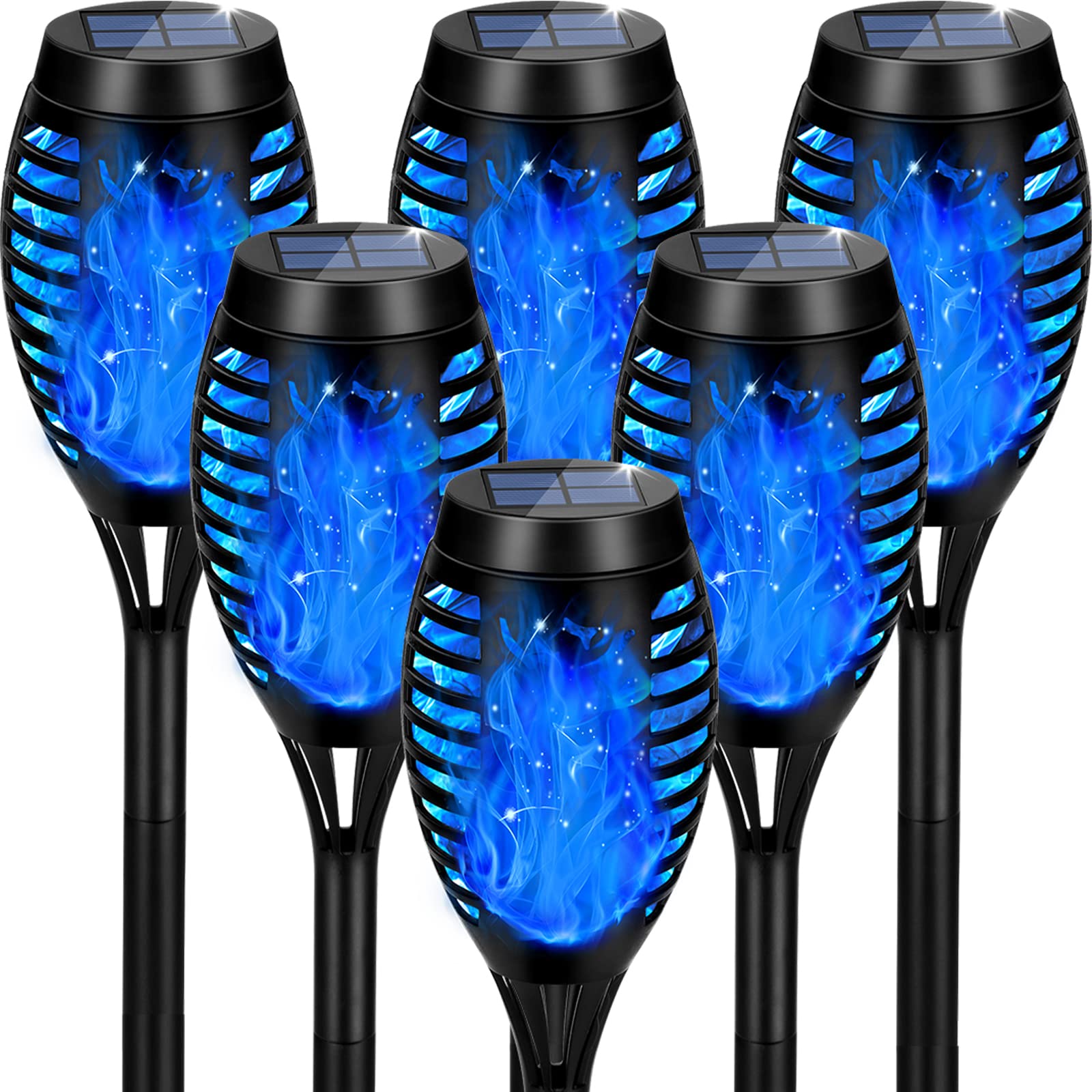 Solar Lights Outdoor Waterproof, Tancuzo Upgraded 6 Pack Blue Solar Tiki Torches With Flickering Flame For Garden Decor, Mini Solar Outdoor Landscape Lights For Porch Yard Pathway Decorations