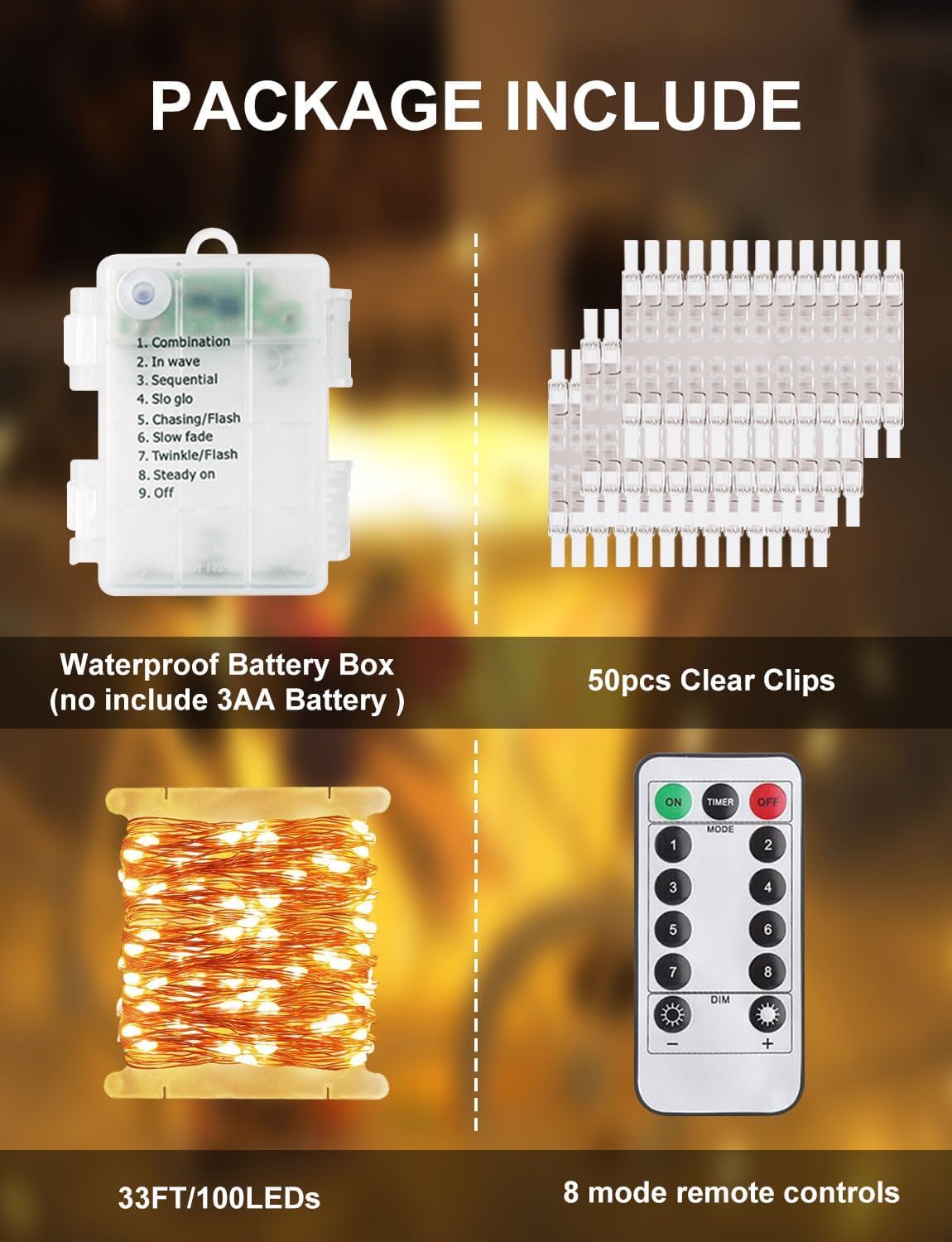 LECLSTAR Photo Clip String Lights - 33FT Warm White LED Fairy Lights, Waterproof Copper Wire, 100 LEDs, 50 Clear Clips, Model KM-300