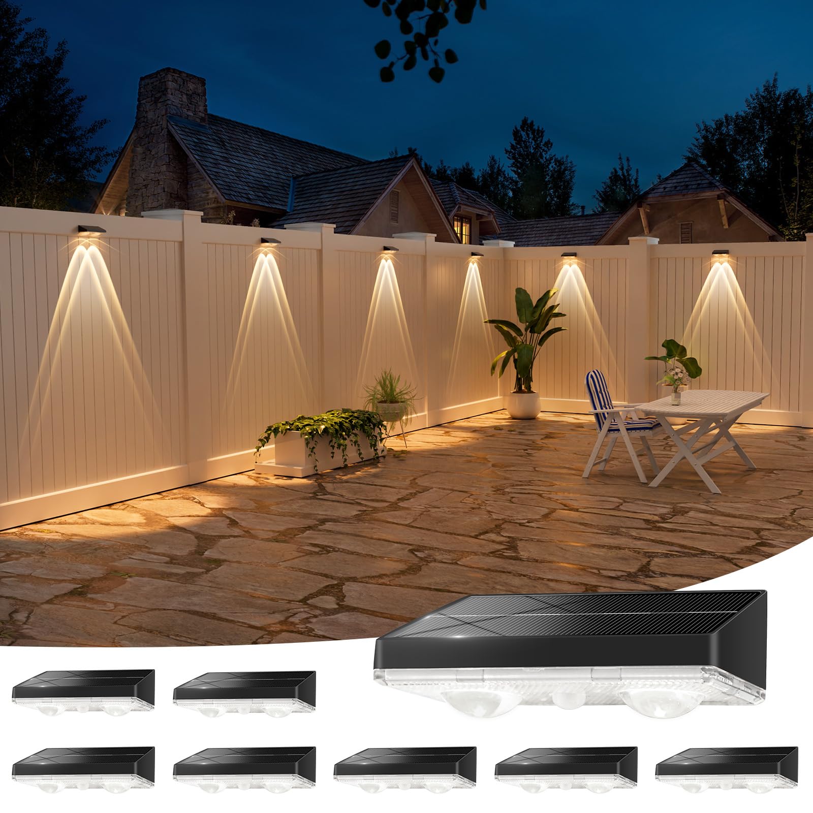 NIORSUN Solar Fence Lights, 8 Pack, IP65 Waterproof LED, Warm White, Outdoor Bulb for Deck/Railing/Yard, Black, Model LH-TB22
