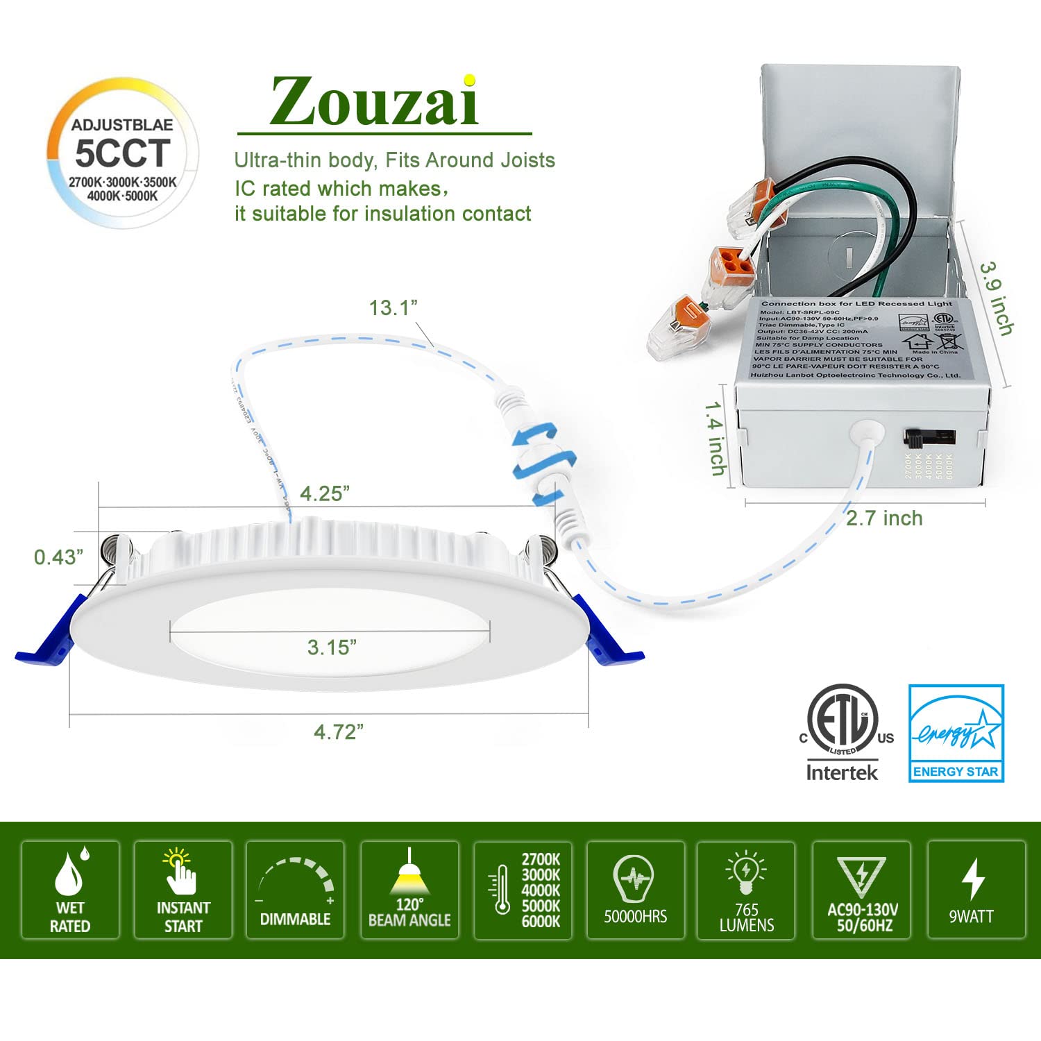 zouzai 12 Pack Ultra-Thin LED Recessed Ceiling Lights, 4 Inch, 5CCT, Dimmable, ETL Certified, Model LBT-SRPL-09